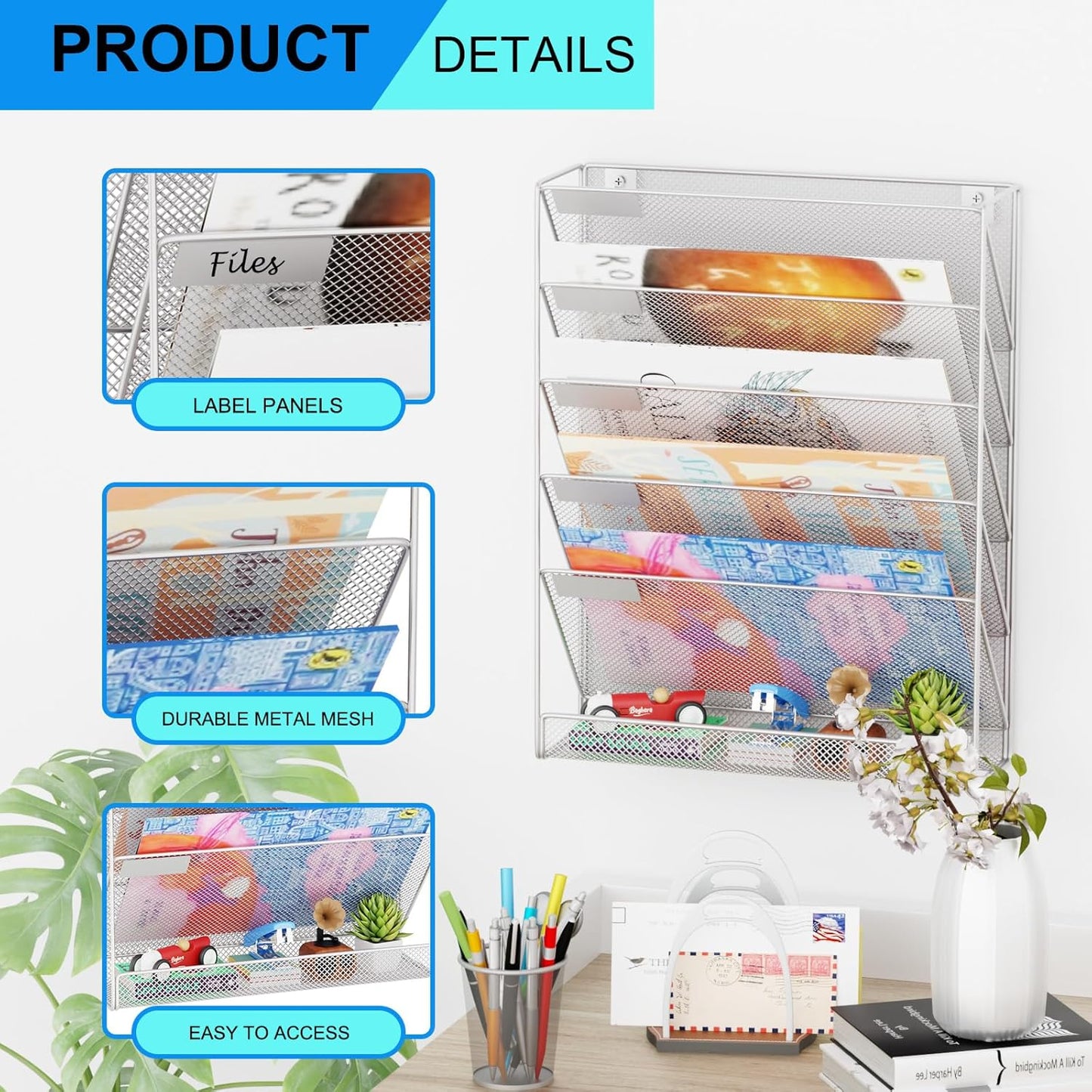 Wall File Organizer Holder Mesh Hanging Paper Document Holder, Vertical 6 Pocket Tier for Office Home, Silver