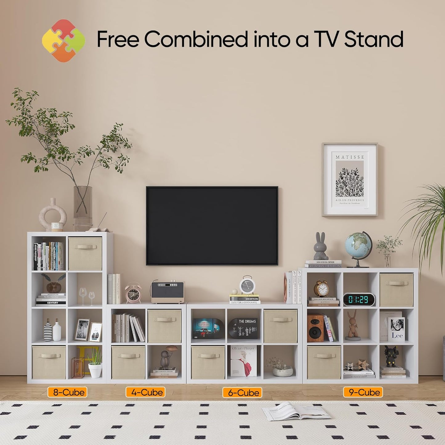 furtble Bookshelf with Storage Bins, 8-Cube Storage Organizer with Back Panels, Modern Wood Open Bookcase, Multifunctional Display Shelf for Living Room, Bedroom, Home Office, White