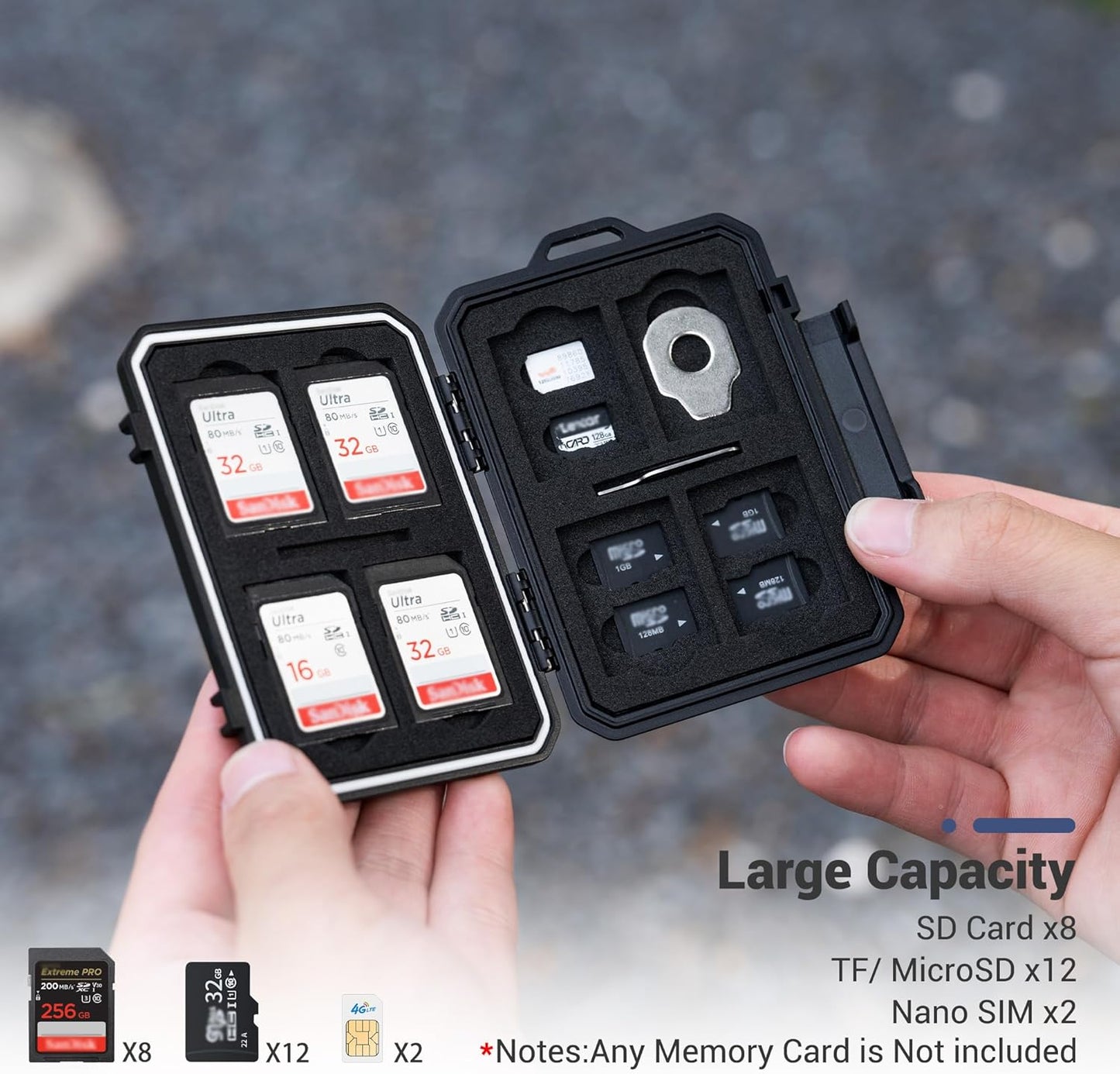 JJC Slim Memory Card Case for 8 SD 12 TF and 2 Nano SIM Cards, IP67 Waterproof Anti-Shock Anti-Dust, Compact Size & Portable SD SDHC SDXC TF Micro SD Card Holder Organizer Storage Box with Carabiner