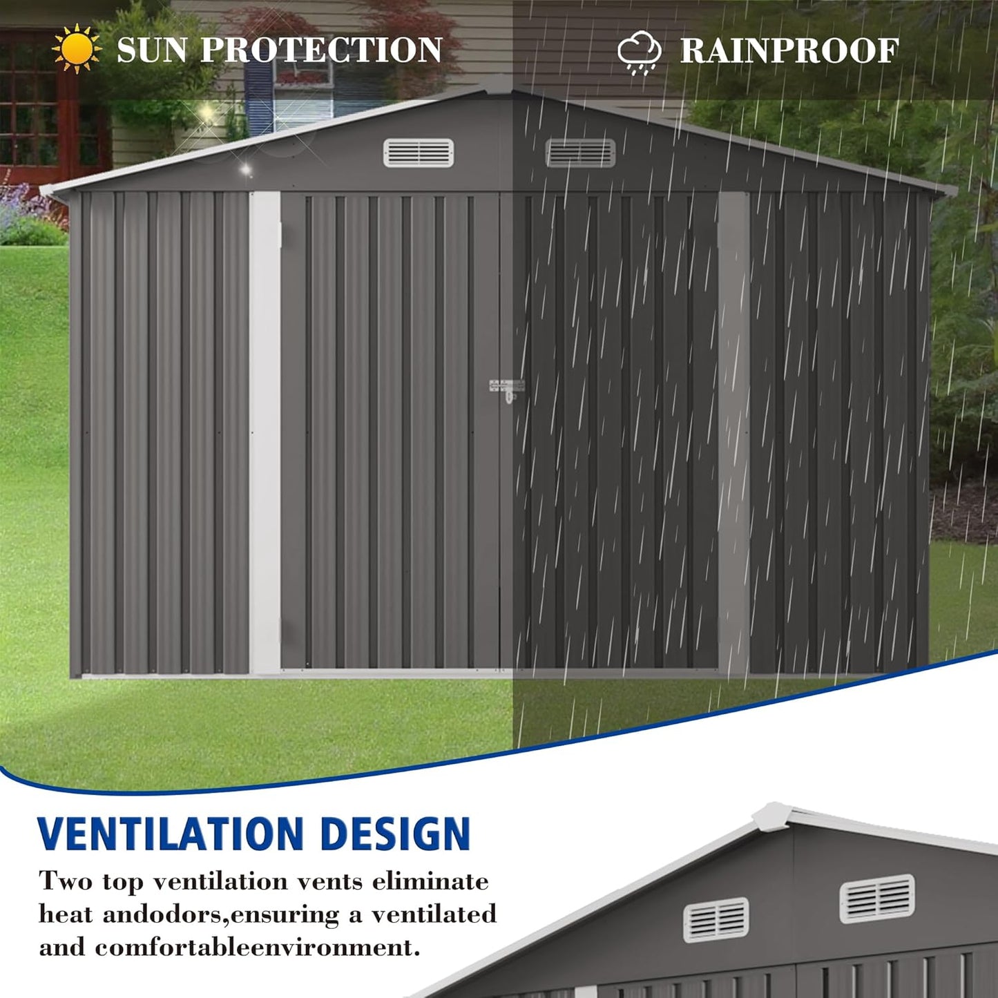 Metal Storage Shed, 10 X 8 FT Lockable Outdoor Tool Shed with Air Vent and Clear Windows, Galvanized Steel Garden Shed for Backyard, Patio, Garden, Bike Storage or Outdoor Use, Grey