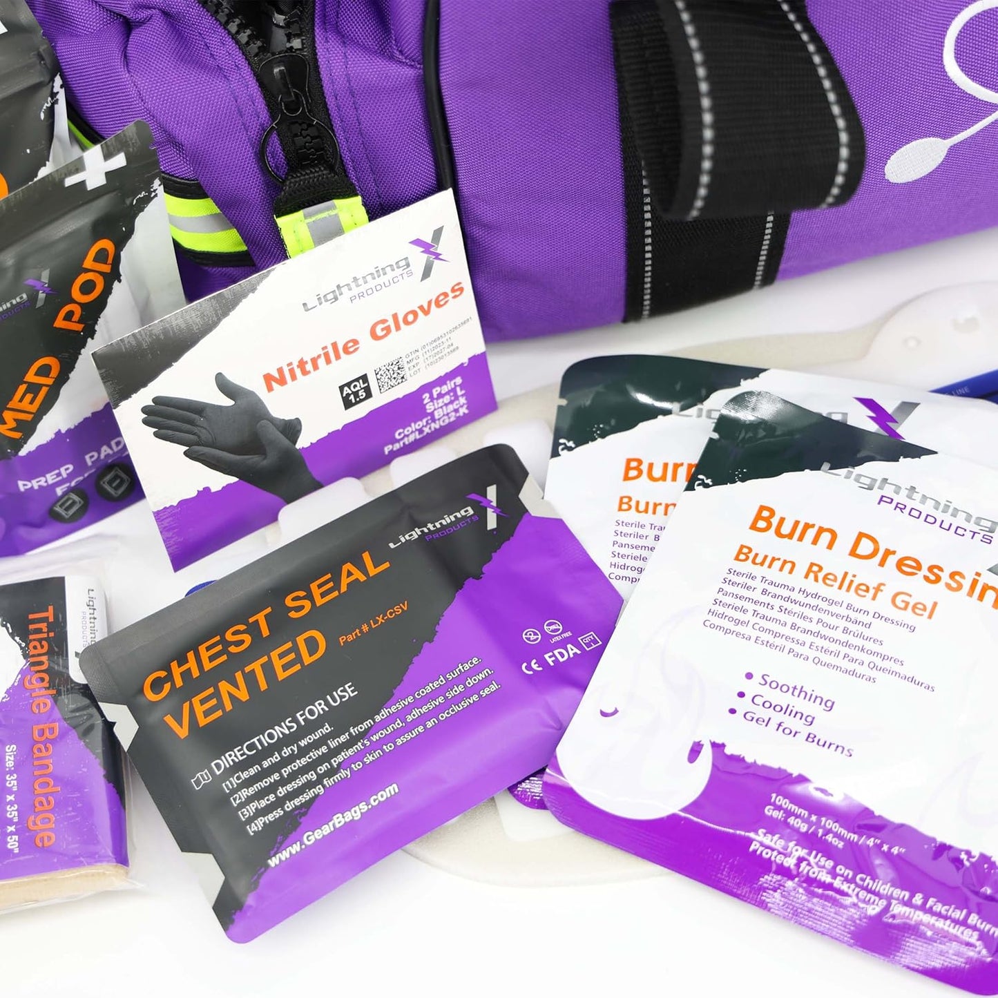 Lightning X Custom Embroidered Trauma Kit & Large EMT Bag w/ 250+ First Aid Supplies & Customized Name Patch | Purple