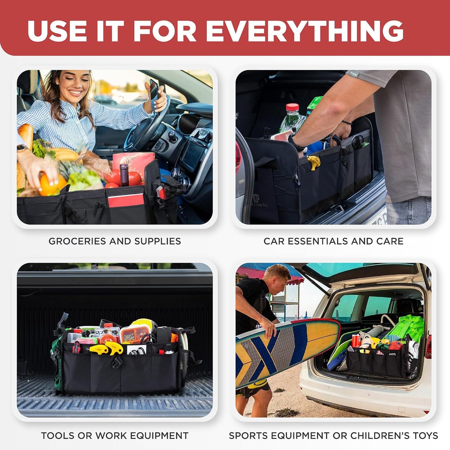 TRUNKCRATEPRO Car Organizers and Storage Premium Adjustable Multi Compartments Car Storage Organizer | Portable and Foldable SUV Trunk Organizer for Car (Standard Size, 20.86"L x 13.4"W x 10"H )-Black