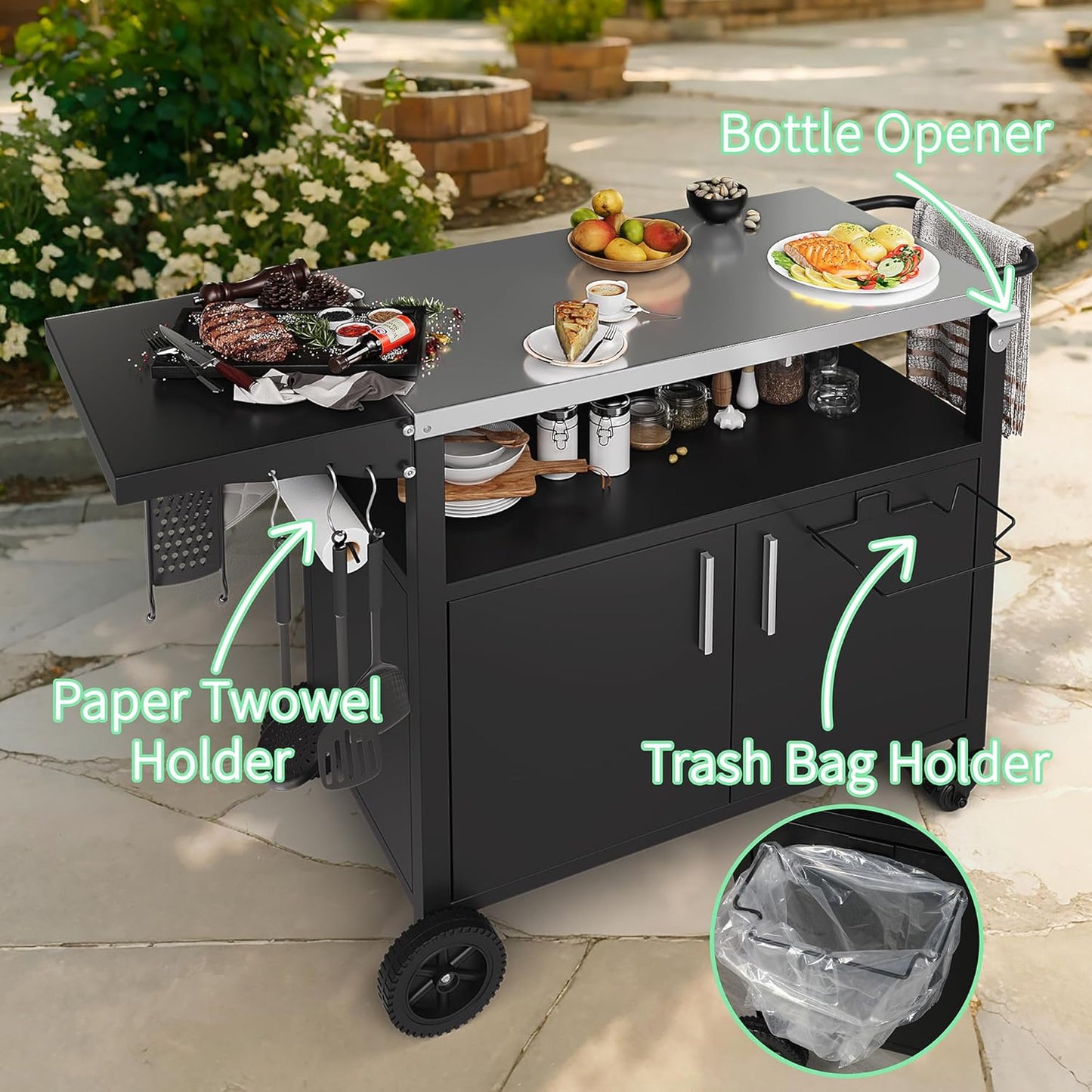 Shintenchi Outdoor Grill Cart Table with Stainless Steel Top for Kitchen Prep and BBQ, Outdoor Kitchen Island Table with Side Handle, Multifunctional Outdoor Grill Table, Black