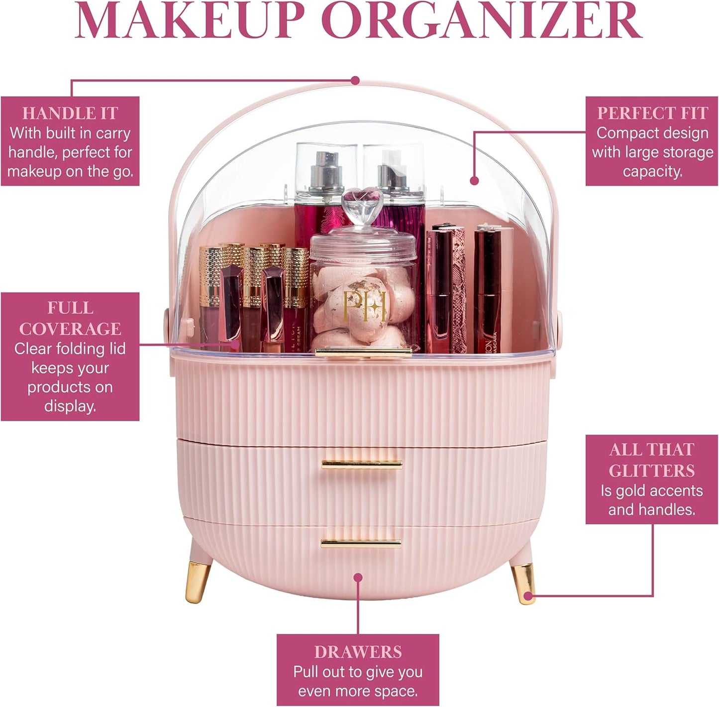 Paris Hilton Makeup Storage Organizer with Lid, Cosmetics and Skincare Organizer for Vanity, Portable Makeup Storage Box for Countertop, Fluted Design with Gold Accents, Pink