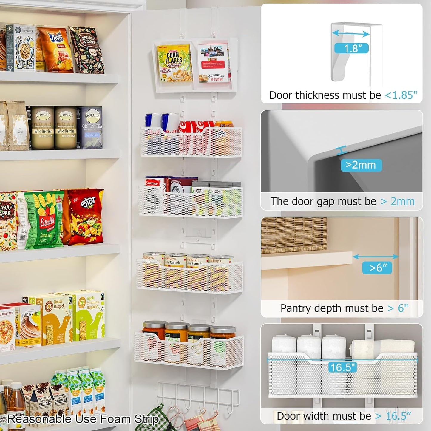 Adjustable Over The Door Organizer, Hanging Door Storage with PVC Pocket and 4 Metal Baskets Wall Mount, Closet Door Organizer Behind Door Rack for Bathroom Bedroom Closet, White