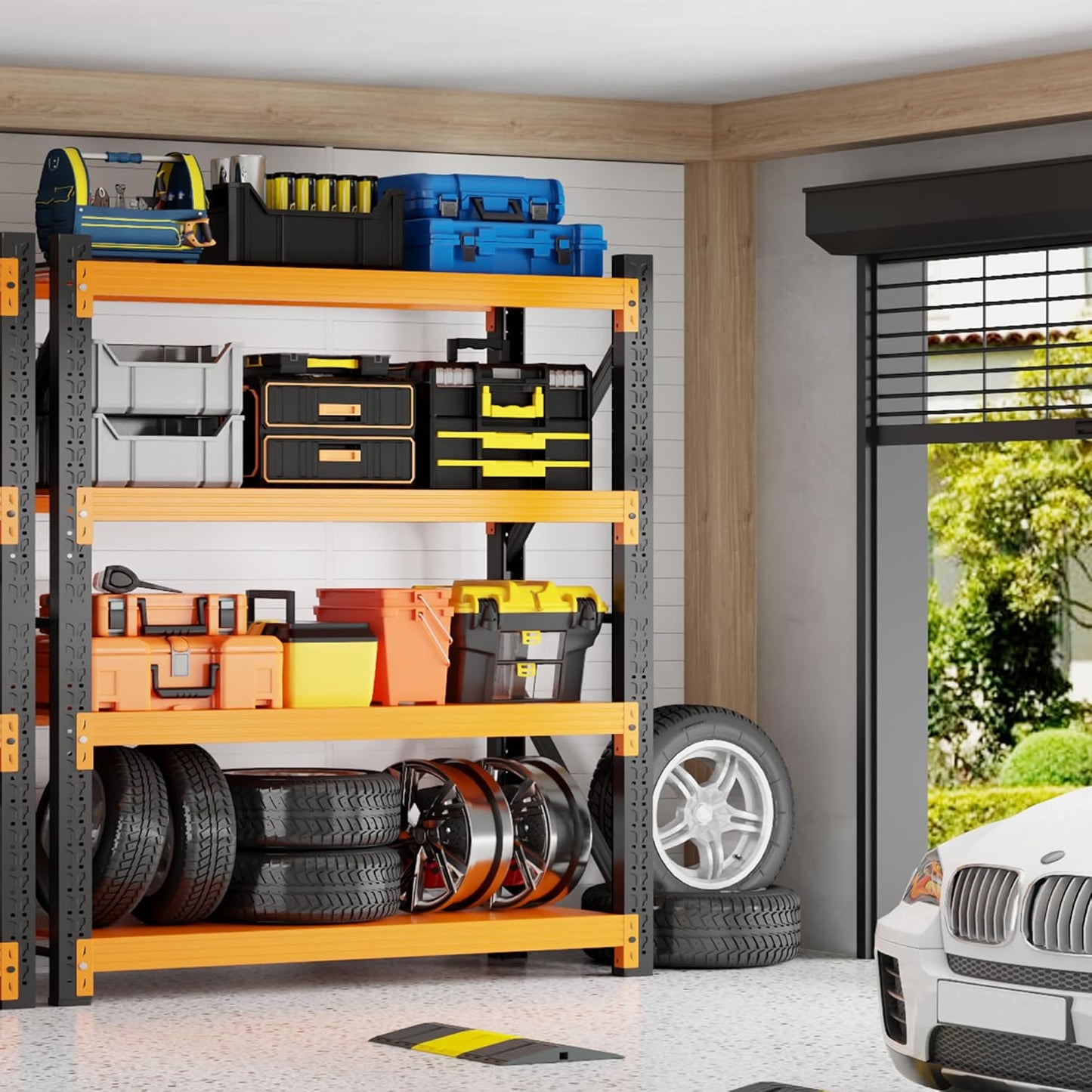 4000LBS Garage Shelving 48" W Garage Shelving Heavy Duty 4-Tier Metal Storage Shelves Adjustable Shelf Unit Storage Rack for Basement Supermarket Warehouse 48" W x 20" D x 78" H Black-Orange