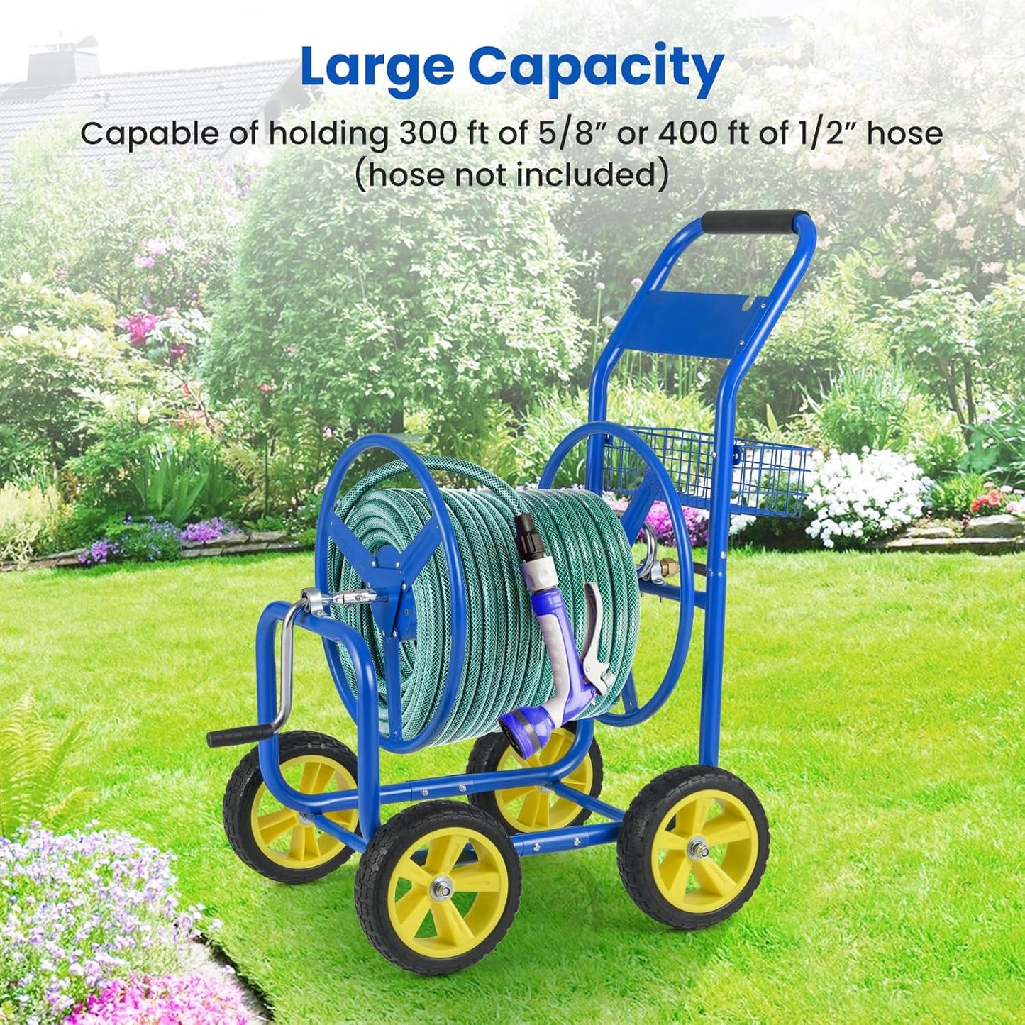 Goplus Garden Hose Reel Cart, 300 FT of 5/8" Large Capacity, Heavy-Duty Metal Hose Cart w/ 4 Wheels, Storage Basket, Portable Water Hose Organizer for Outside Yard, Outdoor Planting Tool (Green)