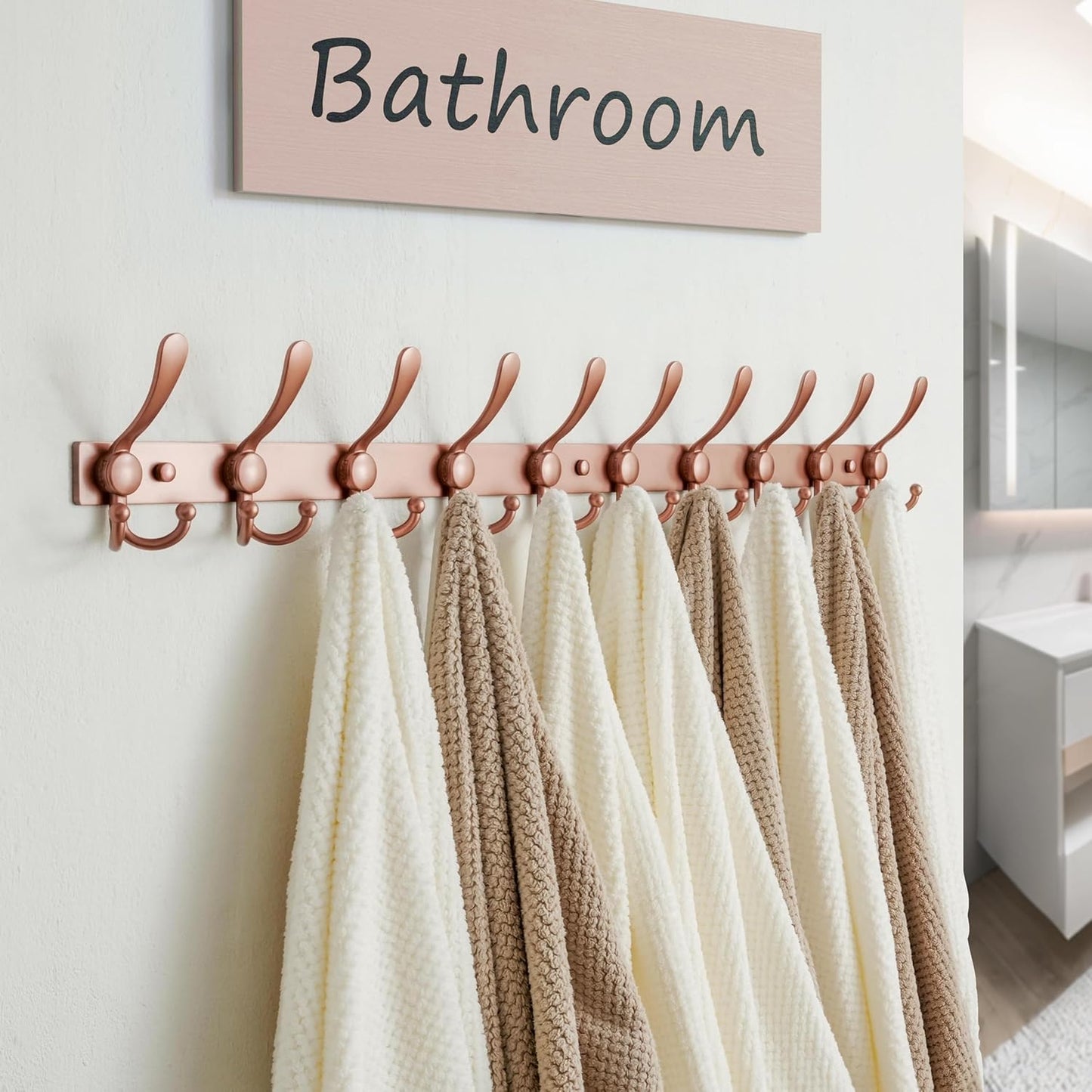 Dseap MaxStrong 2.0 Coat Rack Wall - 37” Long 10 Tri Hooks - Ultra Heavy-Duty Stainless Steel Wall Mount Coat Hanger, Hook Rail for Clothes Hats Jacket Towels Rose Gold