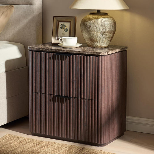 Fluted Nightstand with 2 Drawers, Bedside Table with Faux Marble-Top, Engineered Wood End Table with Curved Corners, Metal Handle, Modern Night Stand for Bedroom, Small Spaces, Dark Oak