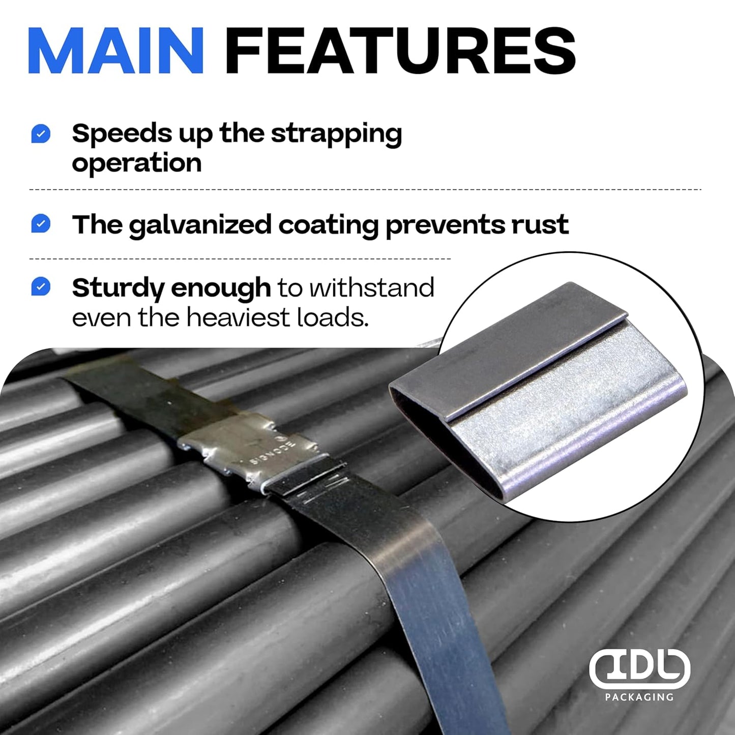 IDL Packaging Closed (Push Type) Seals for 3/4" Strap Width Steel Strapping (Pack of 1000) - Superior Holding Power - Sturdy Metal Clips for Reliable Securing of Packaging Banding