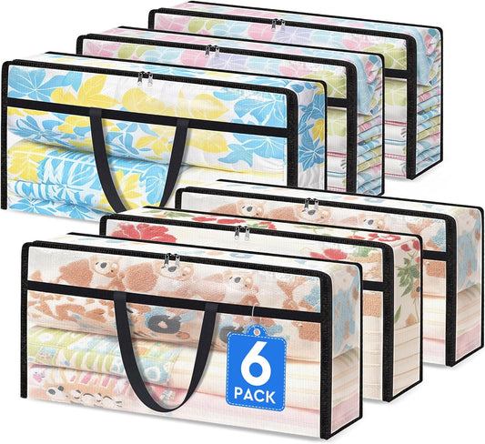 6 Pack Long Clear Storage Bags for Comforter, Clothes & Bedding, Plastic Blanket Storage with Zipper and Handle, Moving Bags, Closet Organizer and Under-Bed Storage (90L, 39.4"*7.1"*19.7")