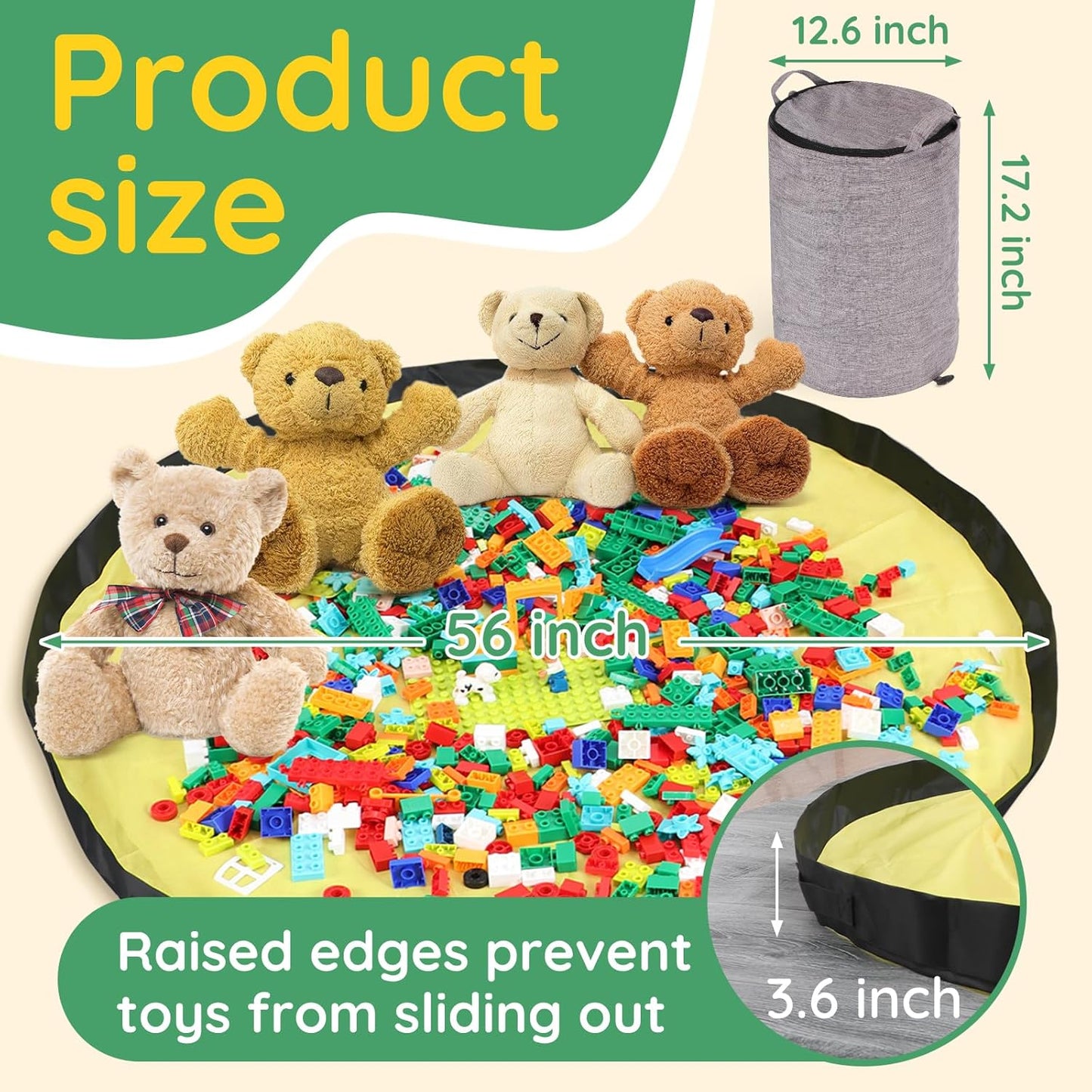 Toy Storage Organizer for Playroom, 13"W x16.5"H Foldable Bin with Play Mat & Zipper - Large Capacity Organizer for Scattered Building Blocks & Stuffed Animals