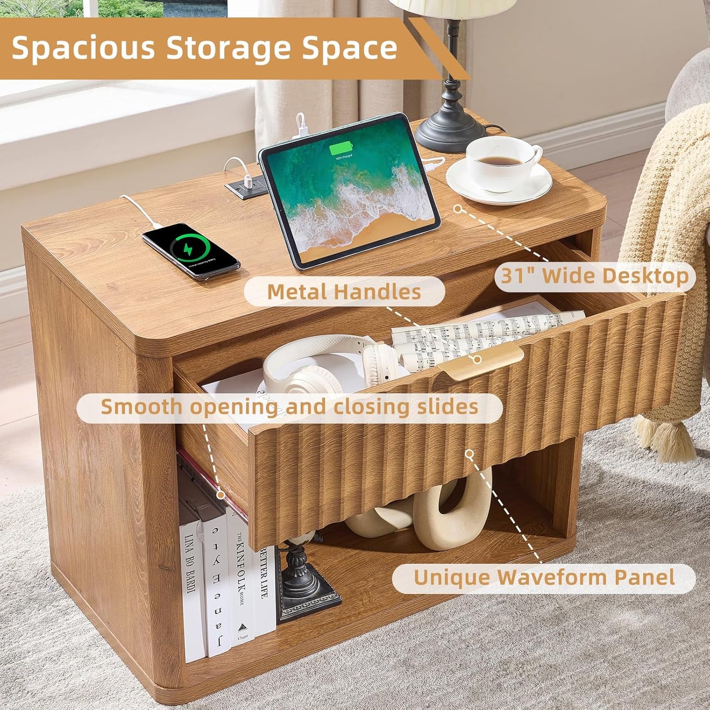 LEYAOYAO 31" Wide Fluted Nightstand with Charging Station, Oversized Extra Large 1 Drawer Night Stand with Golden Handle, Brown Wood Bedside Table Tall End Tables,for Bedroom, Living Room, Hallway