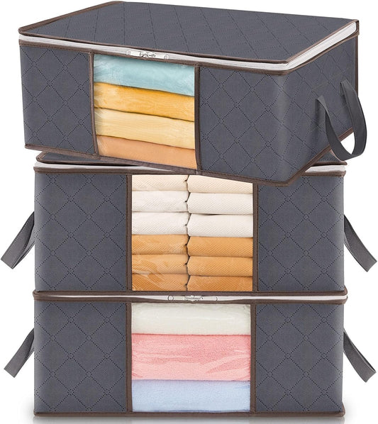 Lifewit 3 Pack Clothes Storage Bag, Foldable Storage Bin Closet Organizer with Reinforced Handle, Sturdy Fabric Blanket Storage with Clear Window, Storage Containers for Clothing, Bedding, Gray