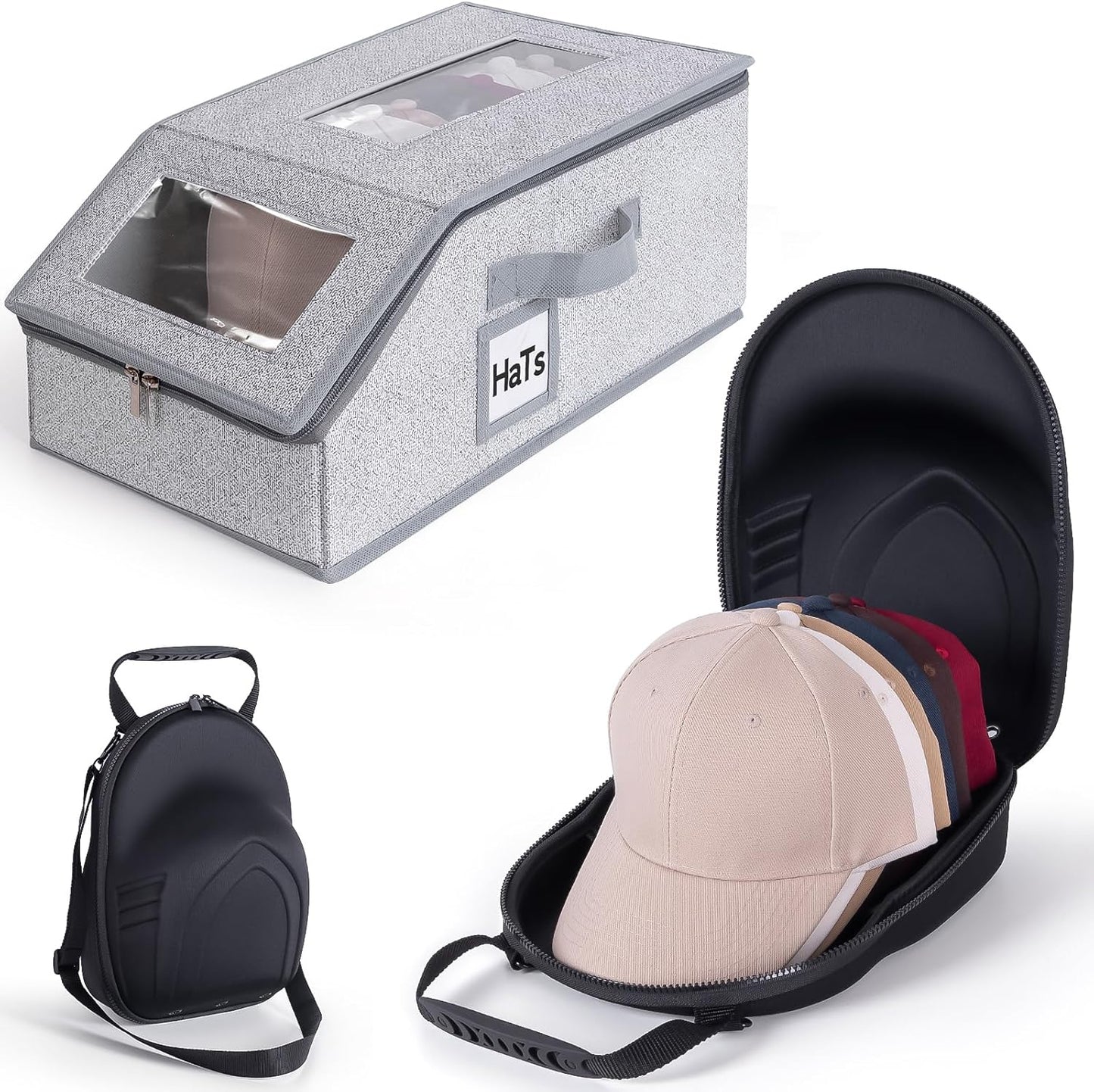 One set hat Storage for Baseball Caps,Gery Stackable box holds up to 18 Caps Hat Organizer for Closet, Black Baseball Cap and Adjustable Shoulder Strap, Hat Organizer Holder Bag for 6 Baseball Caps.