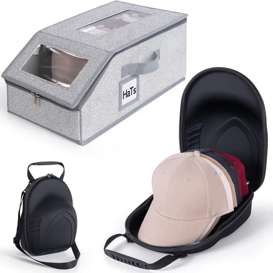 One set hat Storage for Baseball Caps,Gery Stackable box holds up to 18 Caps Hat Organizer for Closet, Black Baseball Cap and Adjustable Shoulder Strap, Hat Organizer Holder Bag for 6 Baseball Caps.