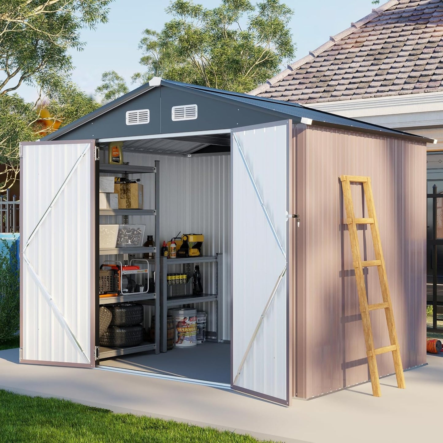 Aoxun 6' x 8' Storage Shed Outdoor Steel Garden Utility Cabinet with Lockable Door Waterproof & Rust-Proof for Yard, Patio, Backyard, Garden (Brown)