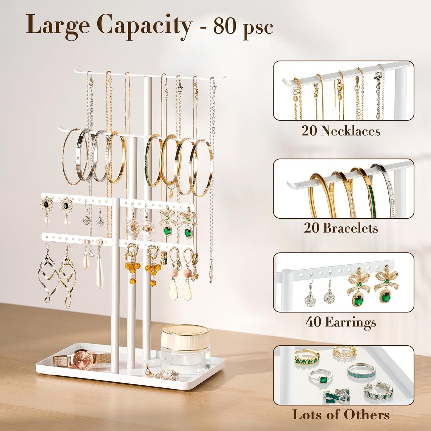 pickpiff Jewelry Stand Organizer, 14.5" Tall Sturdy Metal, 3-TierJewelry Holder for Necklace, Earring, Bracelet, Ring, Hanger for Display and Storage, Aesthetic Room Decor, White
