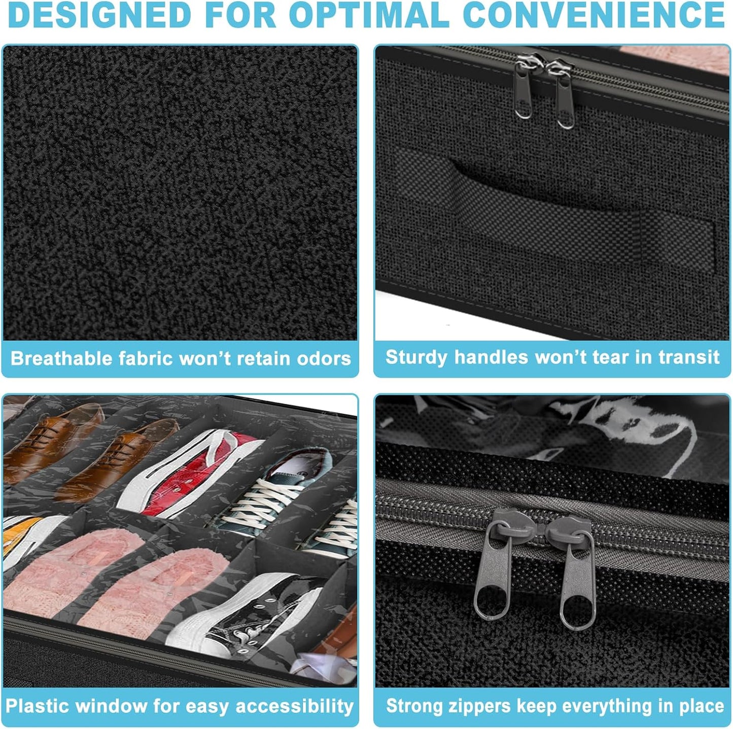 2 Pack Under Bed Shoe Storage Organizer for Closet, Fits Total 32 Pairs Foldable Underbed Shoes Containers Boxes Under the Bed Storage Bedding with Sturdy Handles&Clear Window for College Dorms, Black