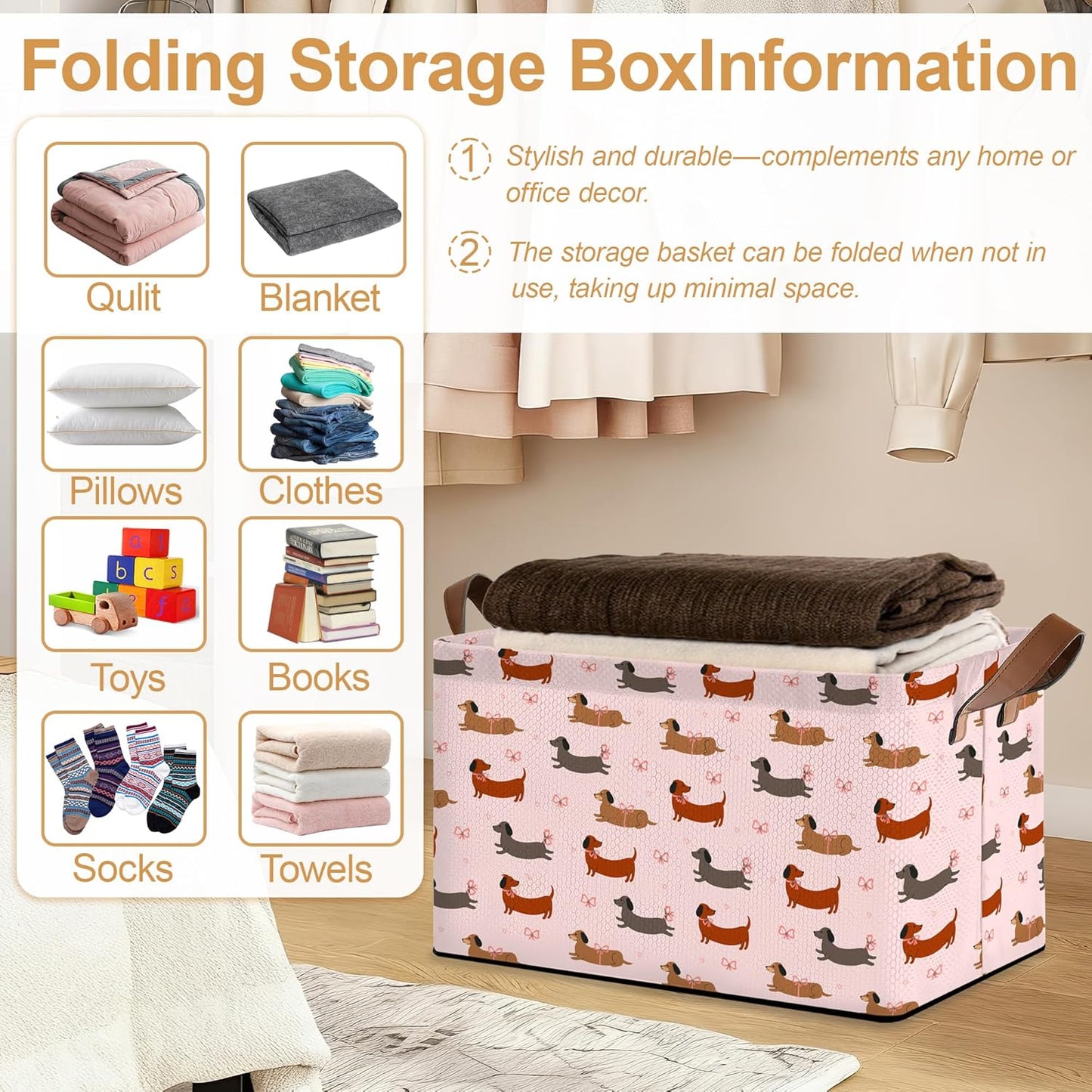 Storage Bin with Handles, Dachshund Collapsible Laundry Baskets for Books, Laundry - Use in Nursery, Closet Organizers and Storage, Blanket Basket