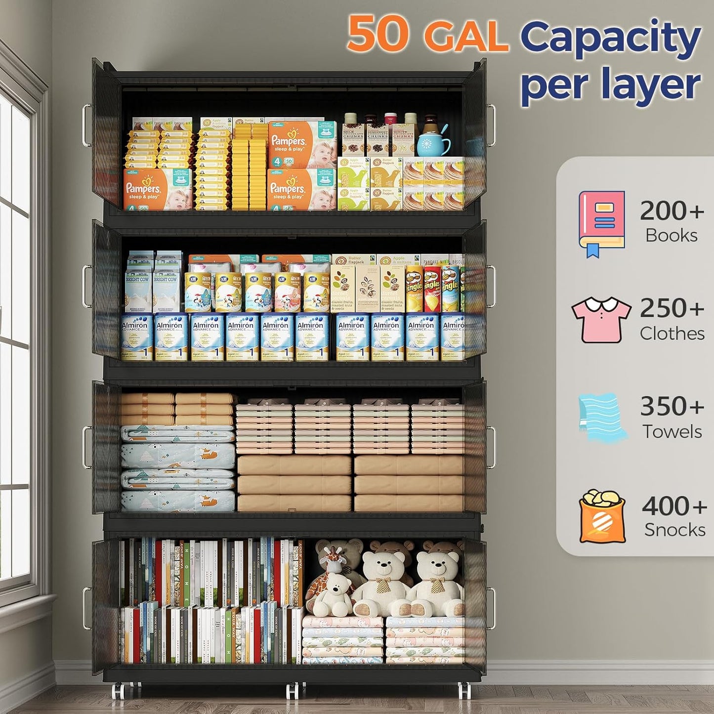 200GAL Extra Large Storage Bins with Lid, 800QT Collapsible Organizer with Wheels, Stackable Closet Cabinet with Doors, Folding Storage Containers for Home, Office, Kitchen, 4Pack Black