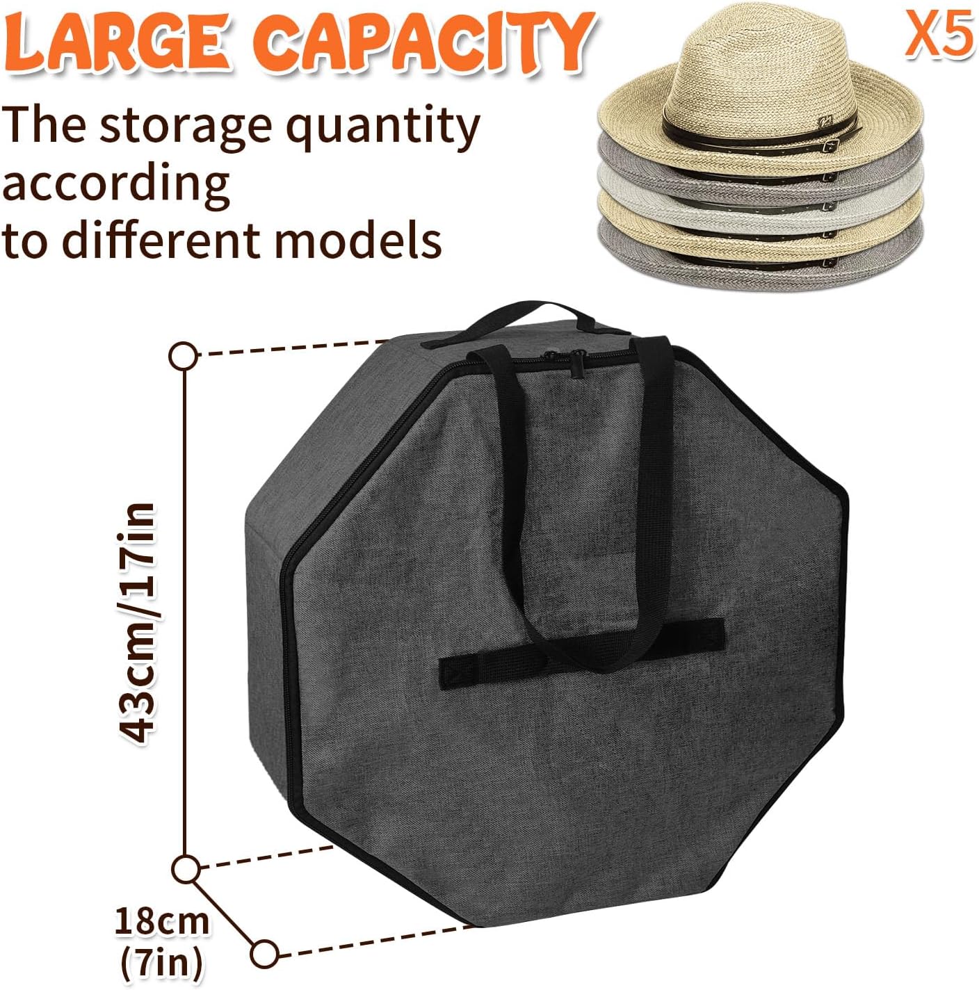 Boczif Hat Storage Box for Women and Men, Hat Storage bag for Travel Collapsible, Cowboy Hat Case with Handle, Hat Organizer Container Large Cap Bag for Carry (Dark Grey)