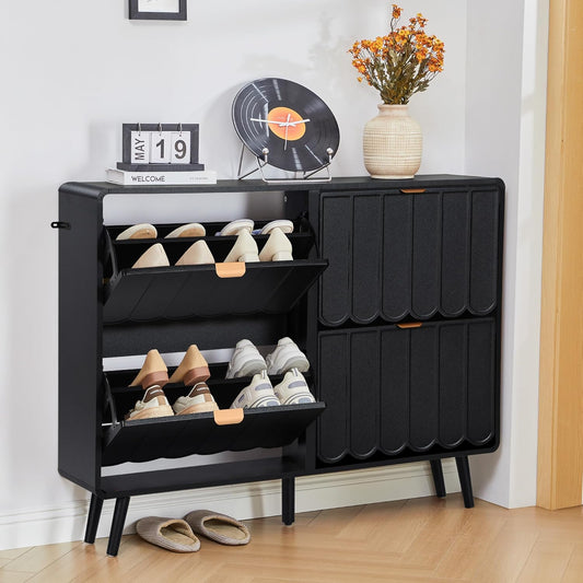 Shoe Storage Cabinet for Entryway with 4 Flip Drawers, Freestanding Narrow Wood Shoe Cabinet with Wave Panel, Hidden Shoe Organizer for Foyer, Hallway (Black)