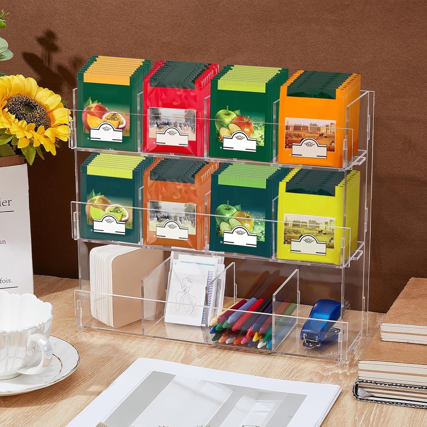 Acrylic Tea Bag Organizer 3 Tier Clear Tea Bag Holder & Storage Rack Display Stand Rack for Counter Cabinet Countertop Kitchen Office Holds 200+ Tea Packets