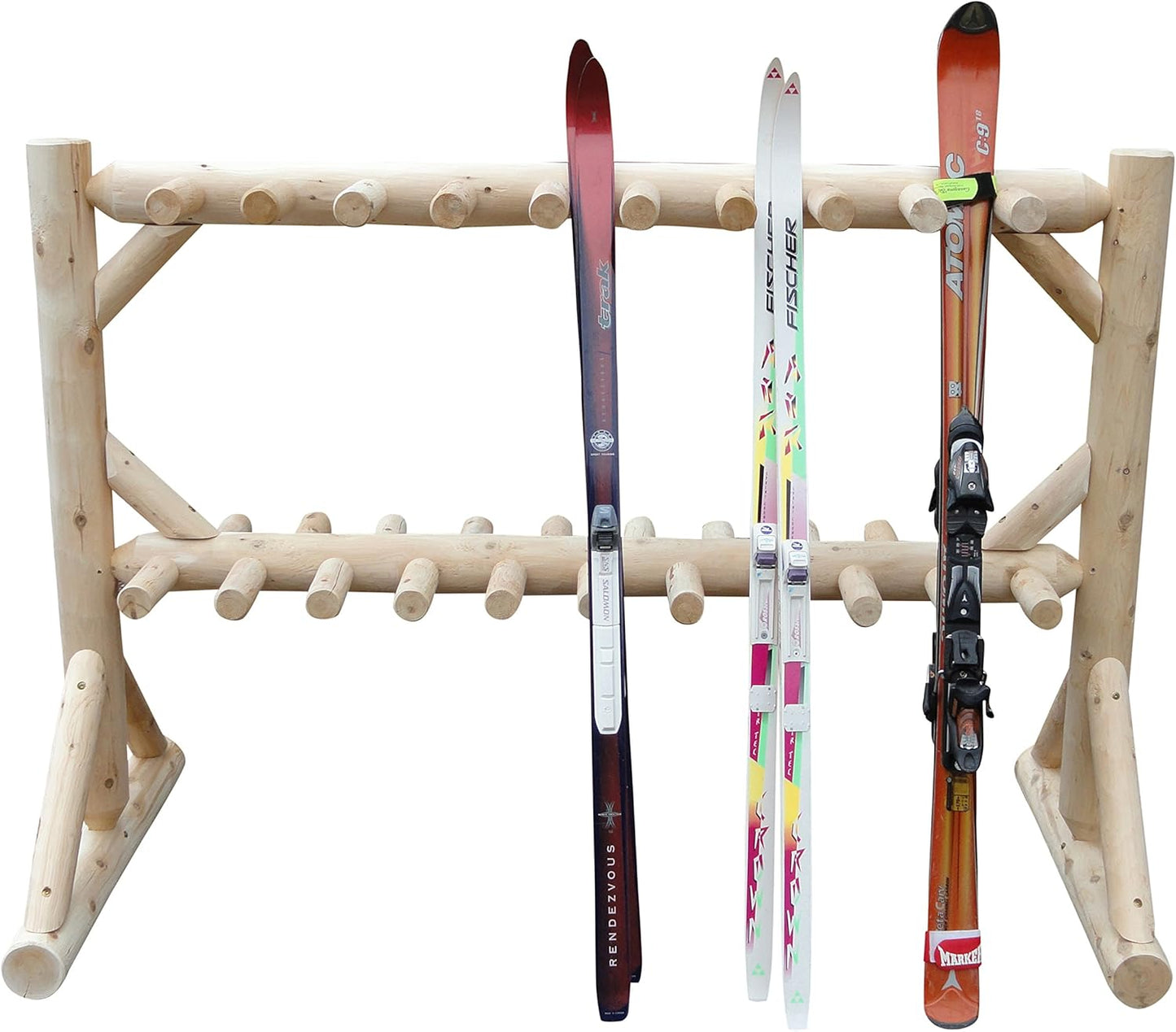 17-Place Freestanding Log Ski Rack Holder, Indoor & Outdoor Snowboard Racks, Standing Storage, Garage Racks for Snow Skis, Durable Snowboard Rack Garage Storage Organizer - Unfinished