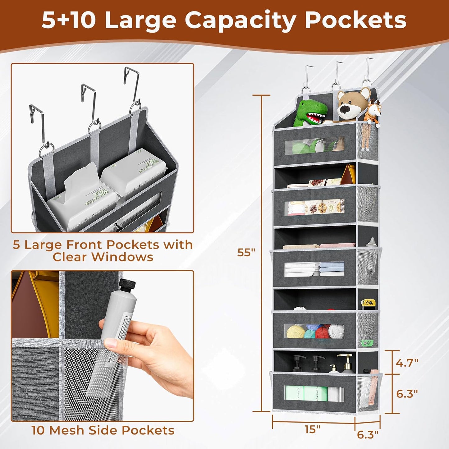 3 Packs 5-Tier Over the Door Storage Organizer with 10 Side Mesh Pockets, 48 lbs Load Capacity, 3 Hooks Design, Hanging Organizer with Clear Windows for Bathroom, Bedroom, Nursery, Kitchen-Grey