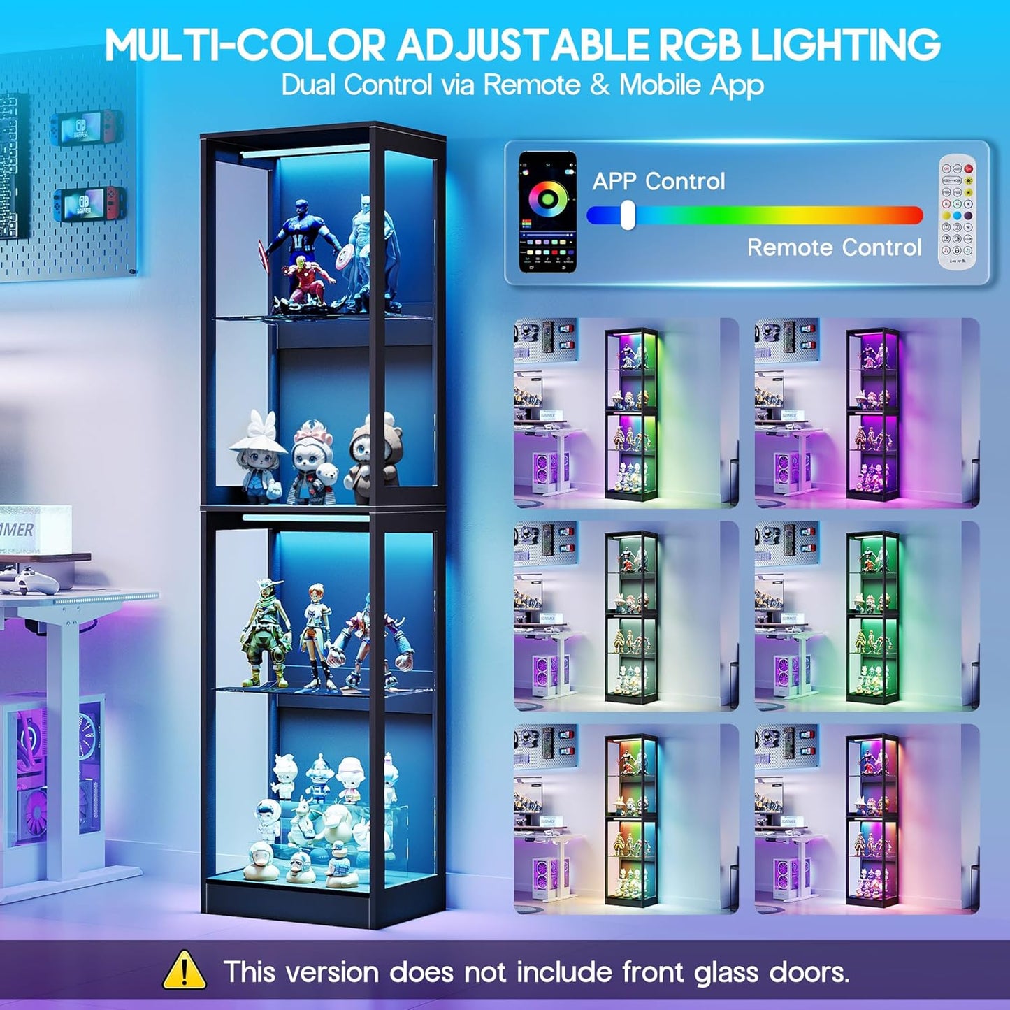 AMERLIFE RGB Display Cabinet with Adjustable Shelves, 4-Tier Storage Case with LED Lights, Modern Display Shelf for Collectibles, Black 70" H×18" L×14" D