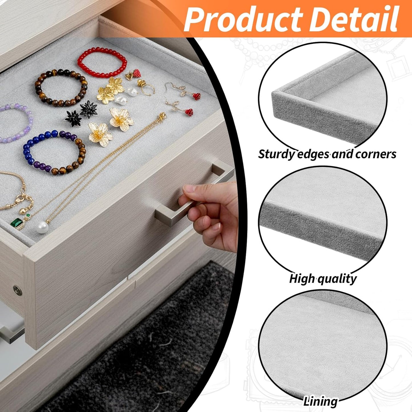 4 Pack Gray Velvet Stackable Jewelry Tray Showcase Display - 13.78 x 9.45 x 1.18 Inch, Stackable Necklace Bracelet Ring Showcase Display Empty Plate for Necklace Earring Ring Bracelet