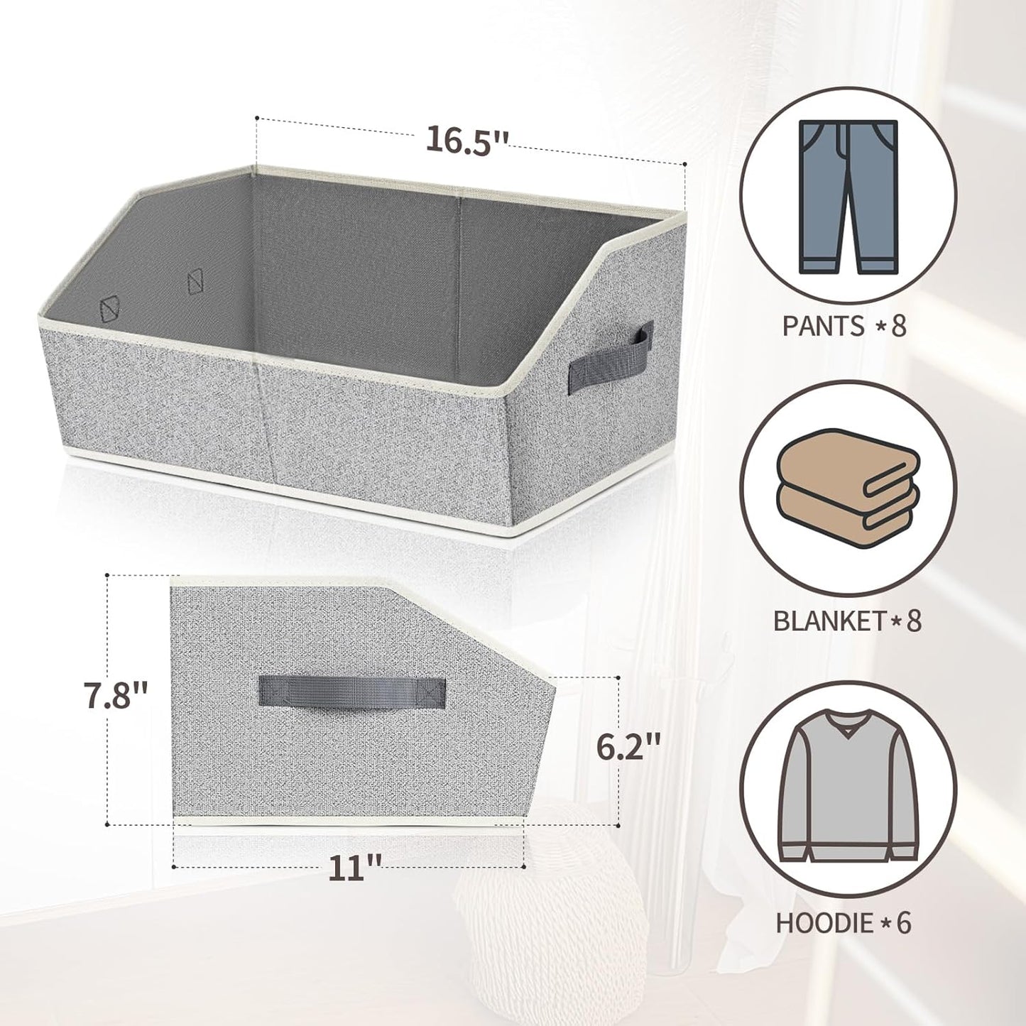 Trapezoid Closet Shelf Organizer - Large Baskets for Organizing, Storage Baskets for Shelves, Cubbies Storage Bins for Clothes, Books, Blankets, 4 Pack, Light Gray
