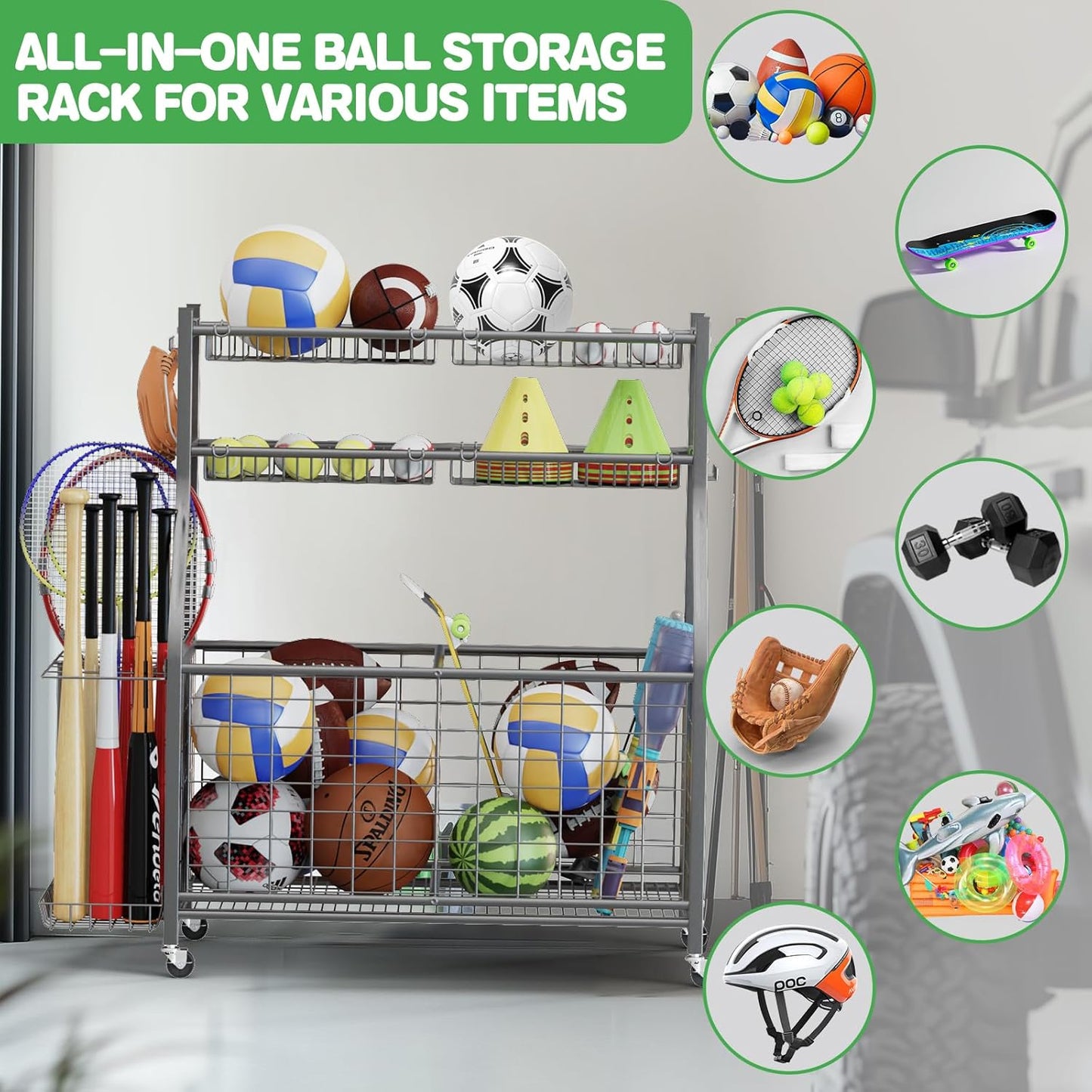 Garage Sports Equipment Organizer,Ball Storage With Four Baskets And Six Hooks,Sports Organizer For Garage,Heavy Duty Garage Organizer,Garage Storage,Garage Organization,Outdoor Toy Storage