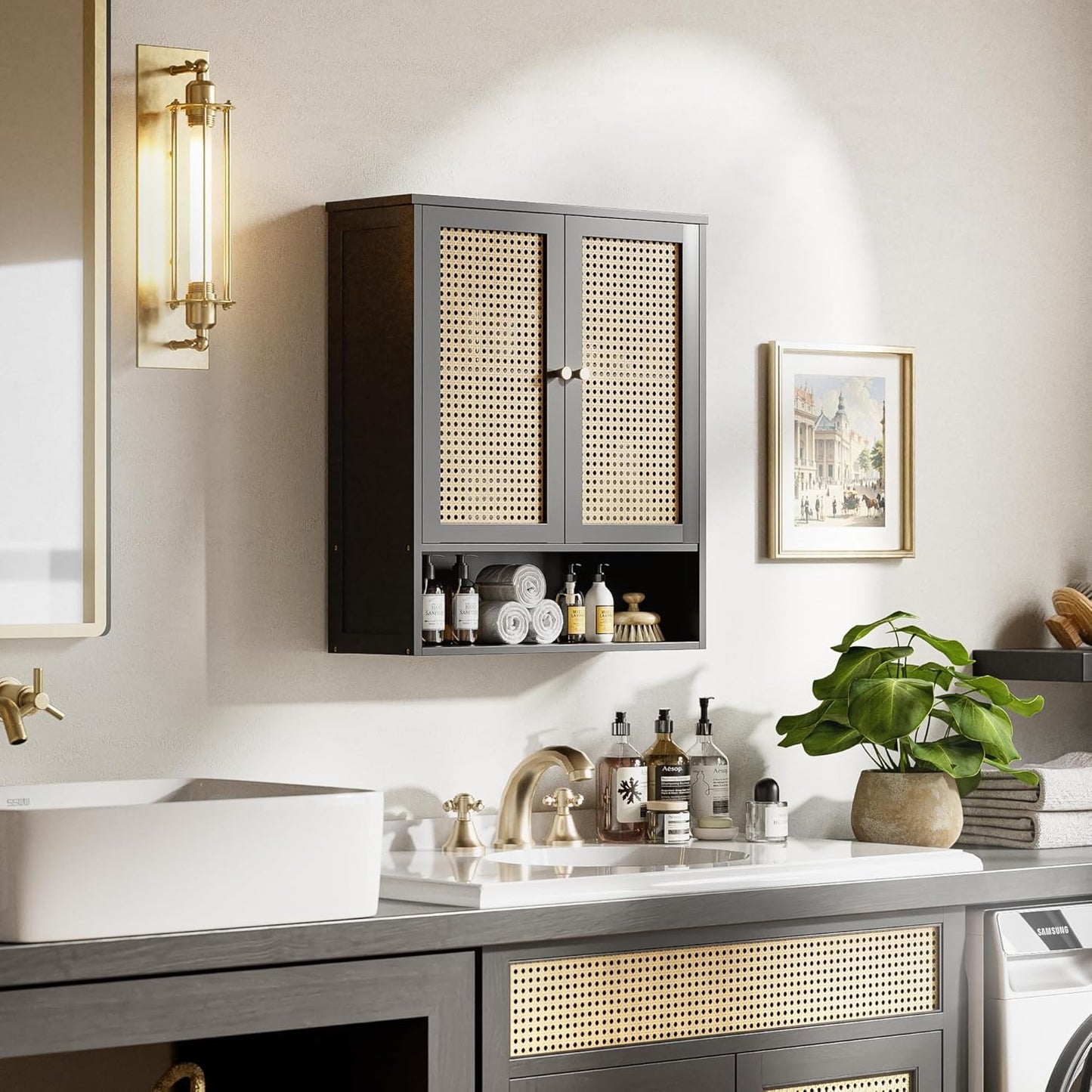 HITNET Wall Cabinet, Bamboo Medicine Cabinet with Rattan Doors and Adjustable Shelf, Bathroom Hanging Storage Organizer Over Toilet for Small Space (Black)