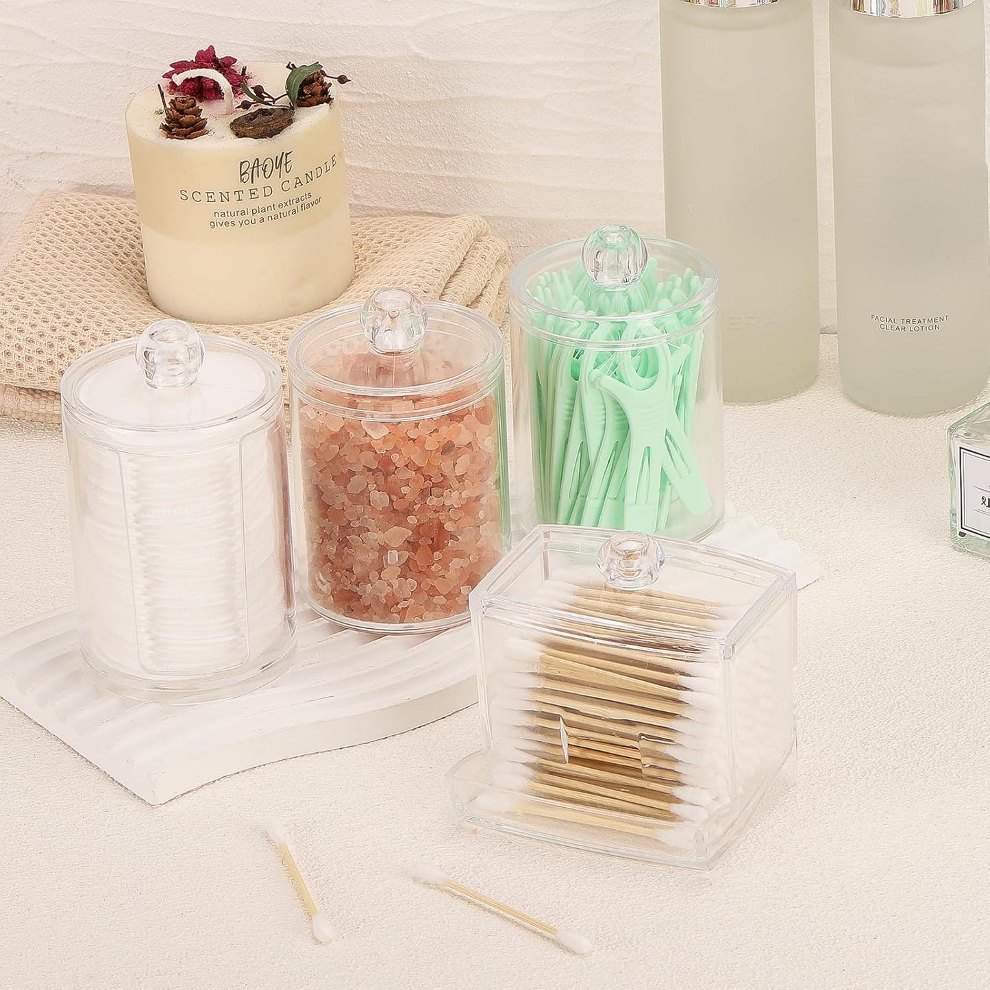 Tbestmax Bathroom Organizer Accessories Set-10 OZ,7 OZ Qtips Holder Storage with Lids, Cotton Ball/Swabs Dispenser, Apothecary Container Jar 4 Pcs