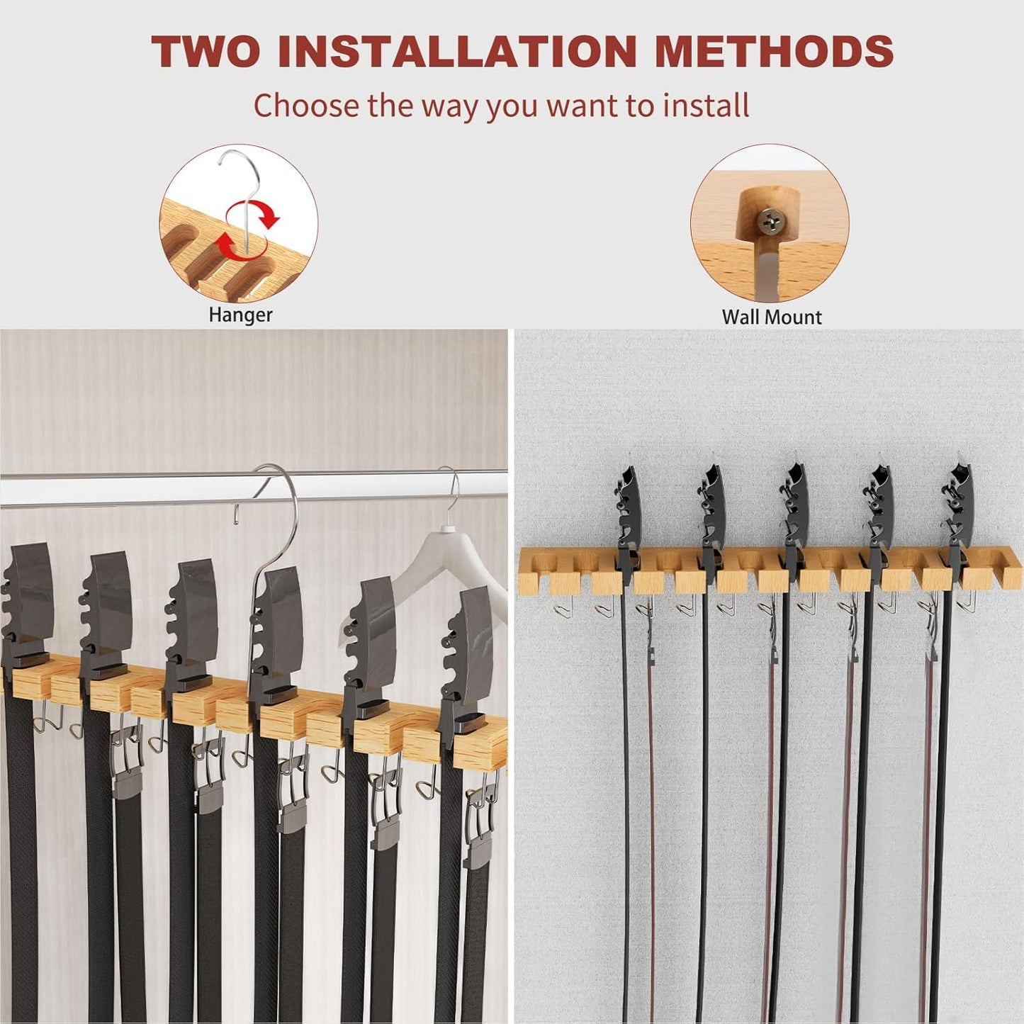 Belt Hanger for Closet Max 42 Belts, 2-in-1 Wall Mount Belt Organizer with 360° Rotating Hooks, Wooden Tie and Belt Rack for Closet Accessories Organizers and Storage, 12+11 Storage