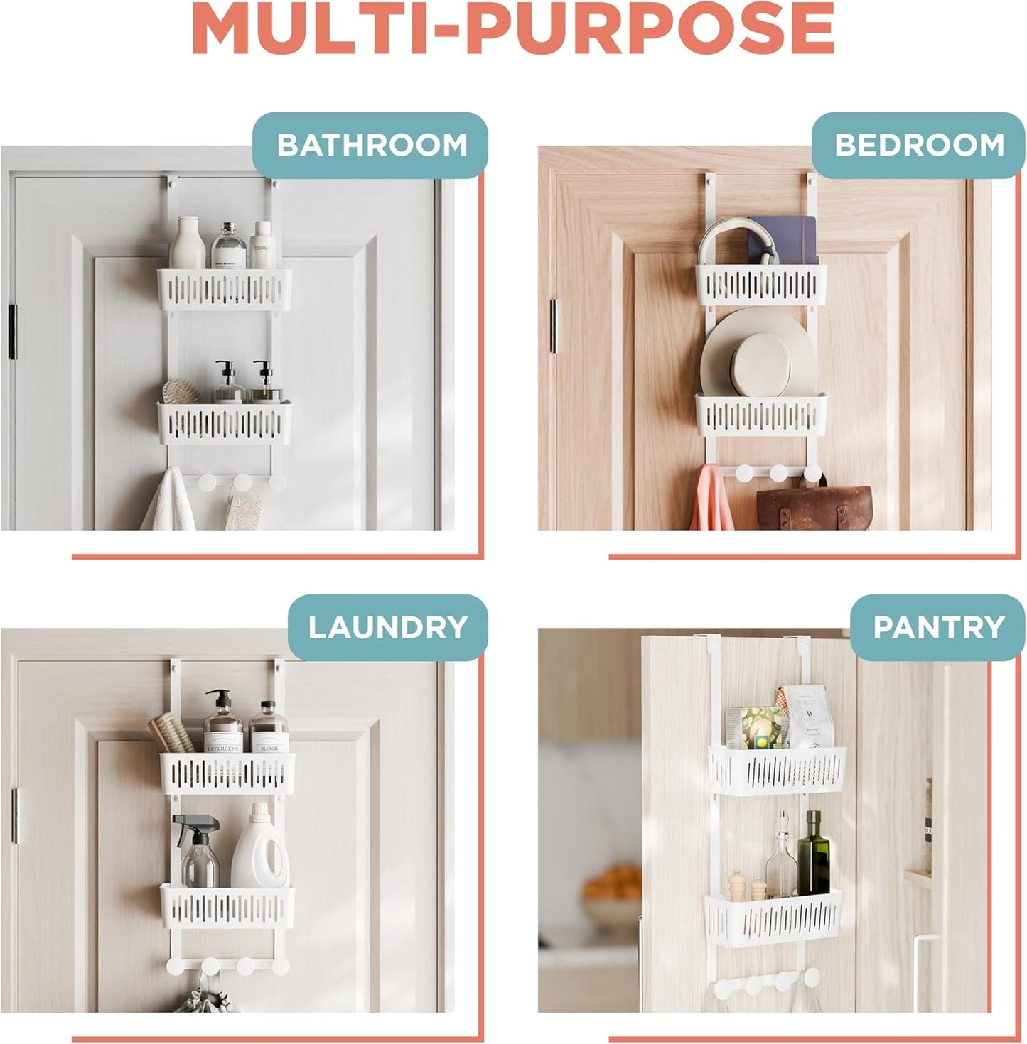 Zenna Home SnugFit Over the Door Caddy Organizer with 2 Storage Baskets and 4 Hooks, Over Door Hanging Organizer for Bathroom, Kitchen, Bedroom, Closet, Easy to Install, No Drilling, White