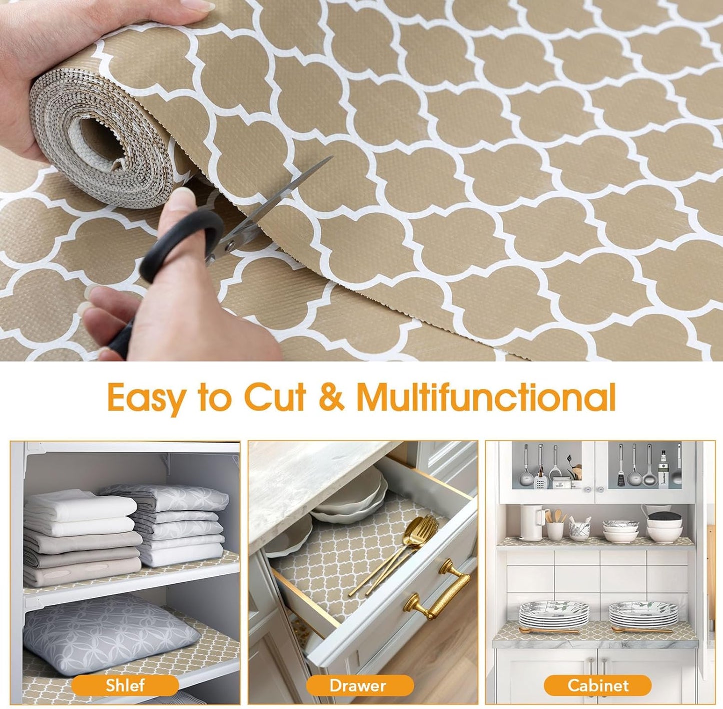 Shelf and Drawer Liner for Kitchen Cabinets Non-Adhesive, Strong Grip Non-Slip Thickened Cabinet Liners for Shelves, Waterproof Mats for Dresser Cupboard, Beige, 23 in x 10 Feet