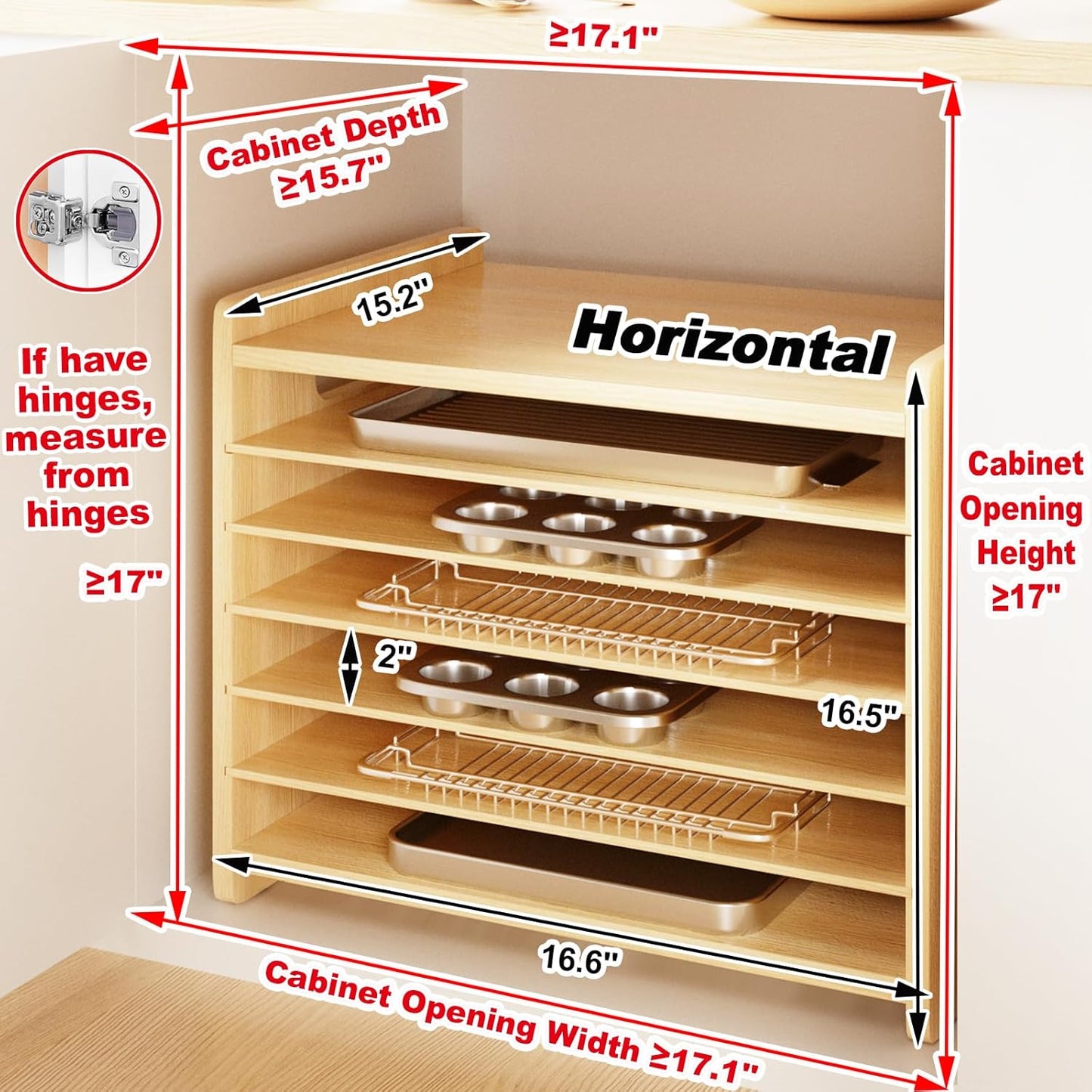 7 Tier Wooden Cookie Sheet Organizer for Cabinet Pot, Pans, Baking Tray Organizer for Kitchen Documents Storage(16.6" W x 16.5" H x 15.2" D)