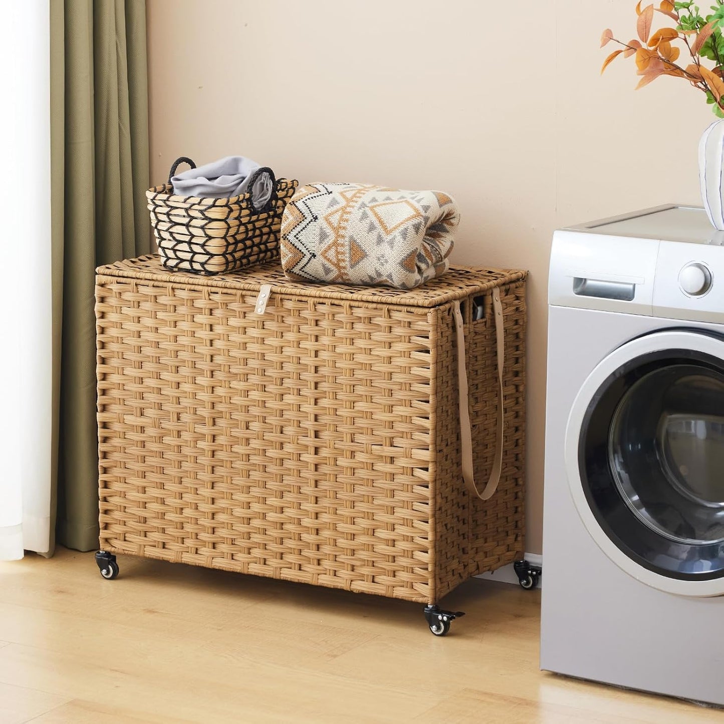 Laundry Hamper with Wheels, 52.8 Gallon(200L) Rolling Laundry Basket with Lid, 3-Section Rattan Clothes Hamper with 3 Removable Liner & 3 Mesh Bags, Laundry Sorter with Side Pocket, Natural