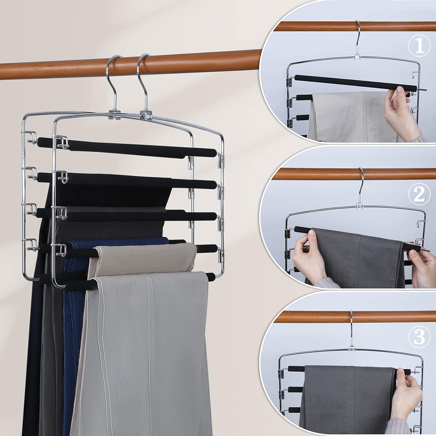 TOPIA HANGER Pants Hangers Space Saving, 3-Pack Swing Arm Pants Organizer for Closet, Non-Slip Foam Padded Organizer Hanger for Multi Slacks, Jeans, Trousers, Skirts, Scarfs (Black)-CT27B