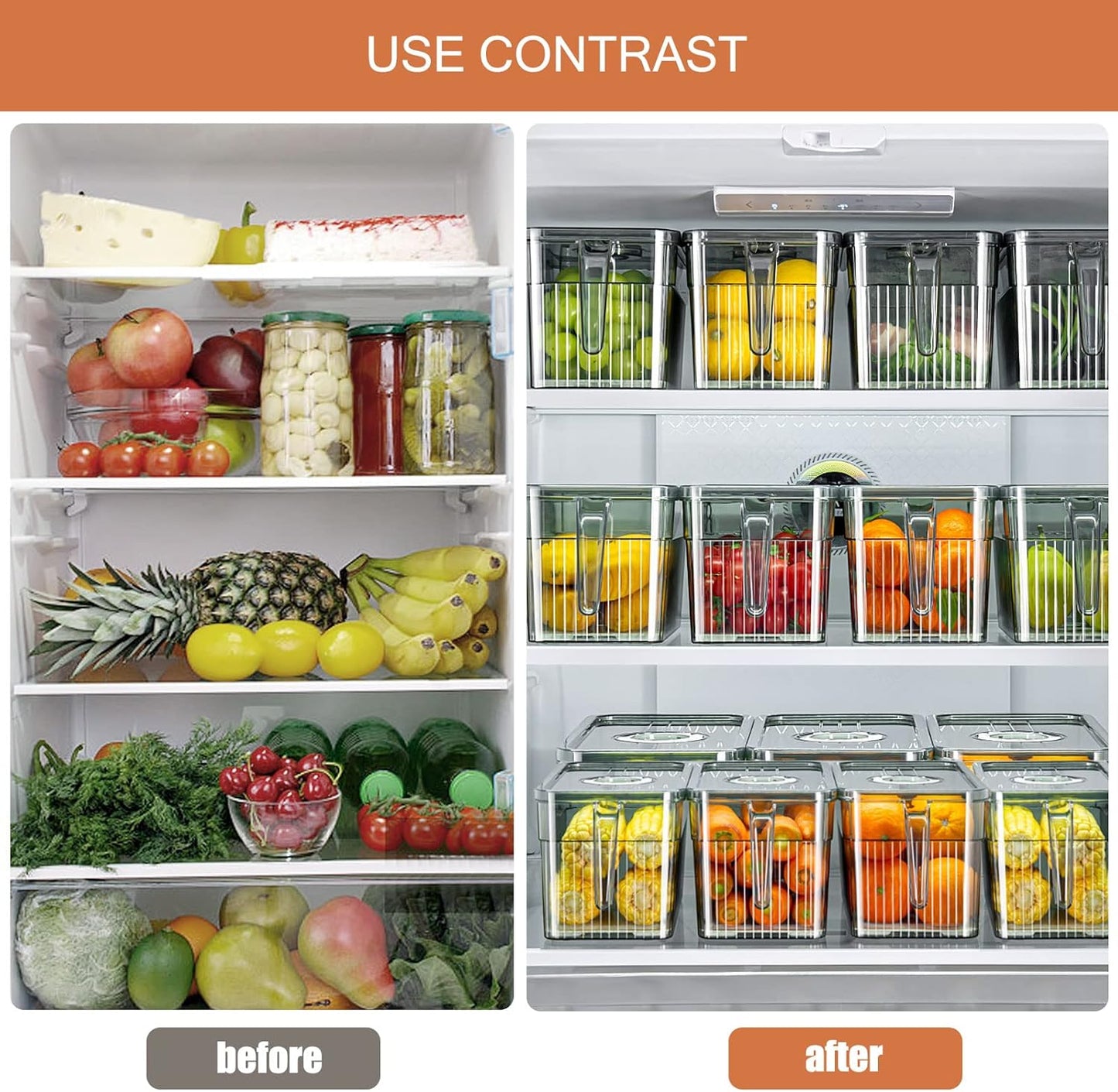 Loobuu 2 Pack Plastic Food Storage Produce Containers for Fridge, Stackable Lettuce Keeper for Refrigerator with Removable Drain Tray Keep Fresh for Vegetables/Fruit/Berry/Salad - 10'' x 5.3'' x 5.2''