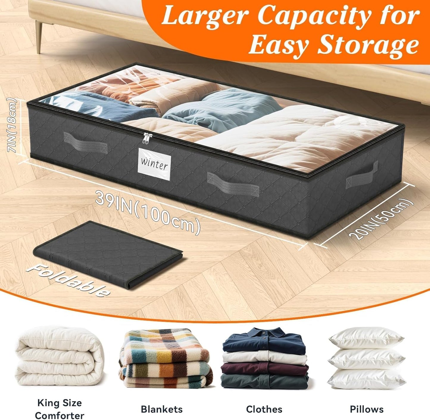 SpaceWhisper 90L Under Bed Storage Containers, 6-Pack Storage Bins with Clear Top, Foldable Closet Organizers and Storage with Label Holder for Clothing, Blankets, Comforter & Pillows (Grey)