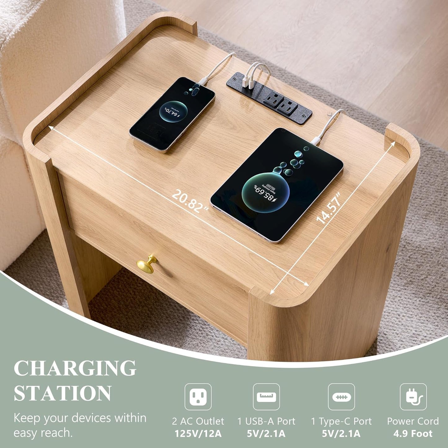 23.6" Tall Modern Nightstand Set of 2, 22" Wide Curved Bedside Table with Charging Station, Wooden Night Stand with 1 Storage Drawer, Large End Table for Bedroom, Living Room, Natural
