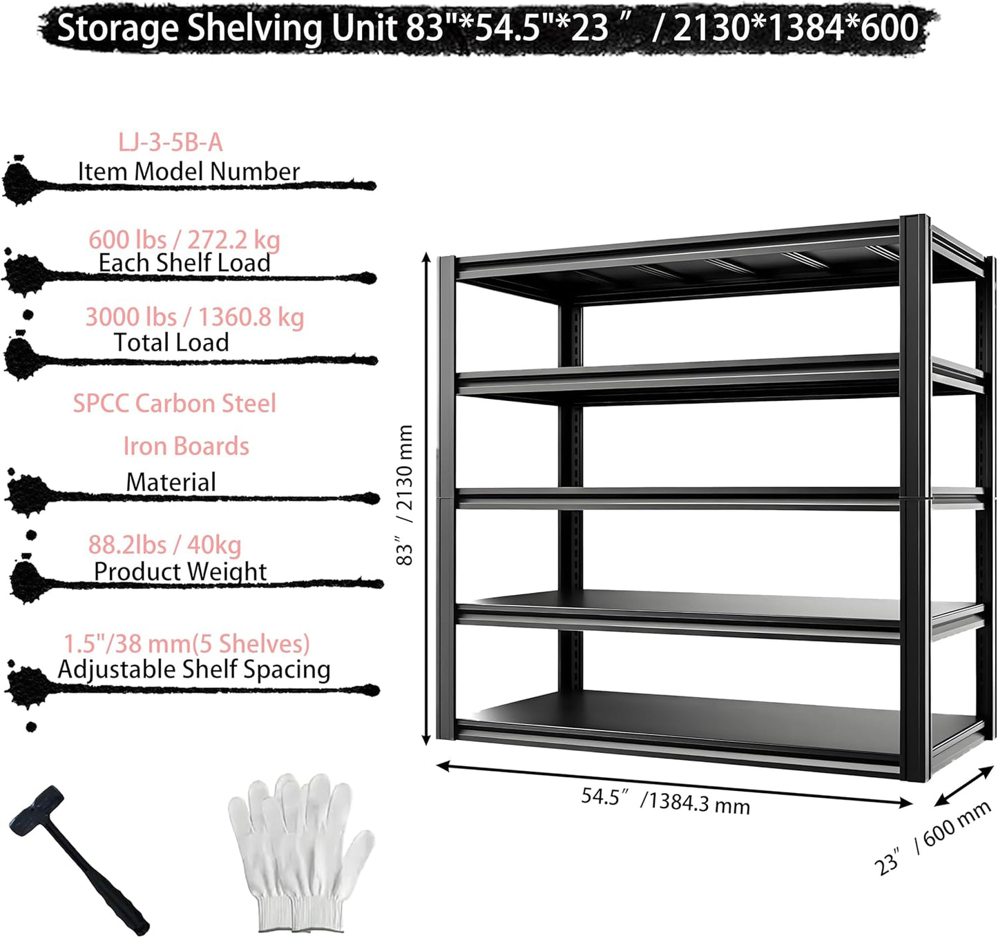 Industrial Storage Rack,Heavy-Duty Steel Shelving Unit 5-Tier,Multi-Purpose Garage Organization System Black 83" H x 54.5" W x 23" D