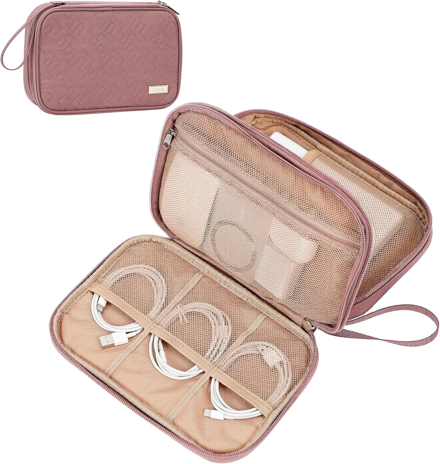 NISHEL Travel Cord Organizer Case, Double Layers Tech Electronic Bag, Essentials for Charger, Cable, Phone, Flash drive, Large, Rose-wood Pink