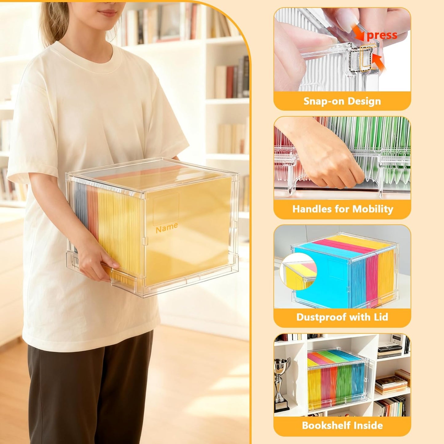 File Organizer Box with Lid,Hanging Filing Folder Organizer for Document Storage with Plastic Slide, Letter-size File Holder Filing Box for Office/Home/Decor/（1Pack）