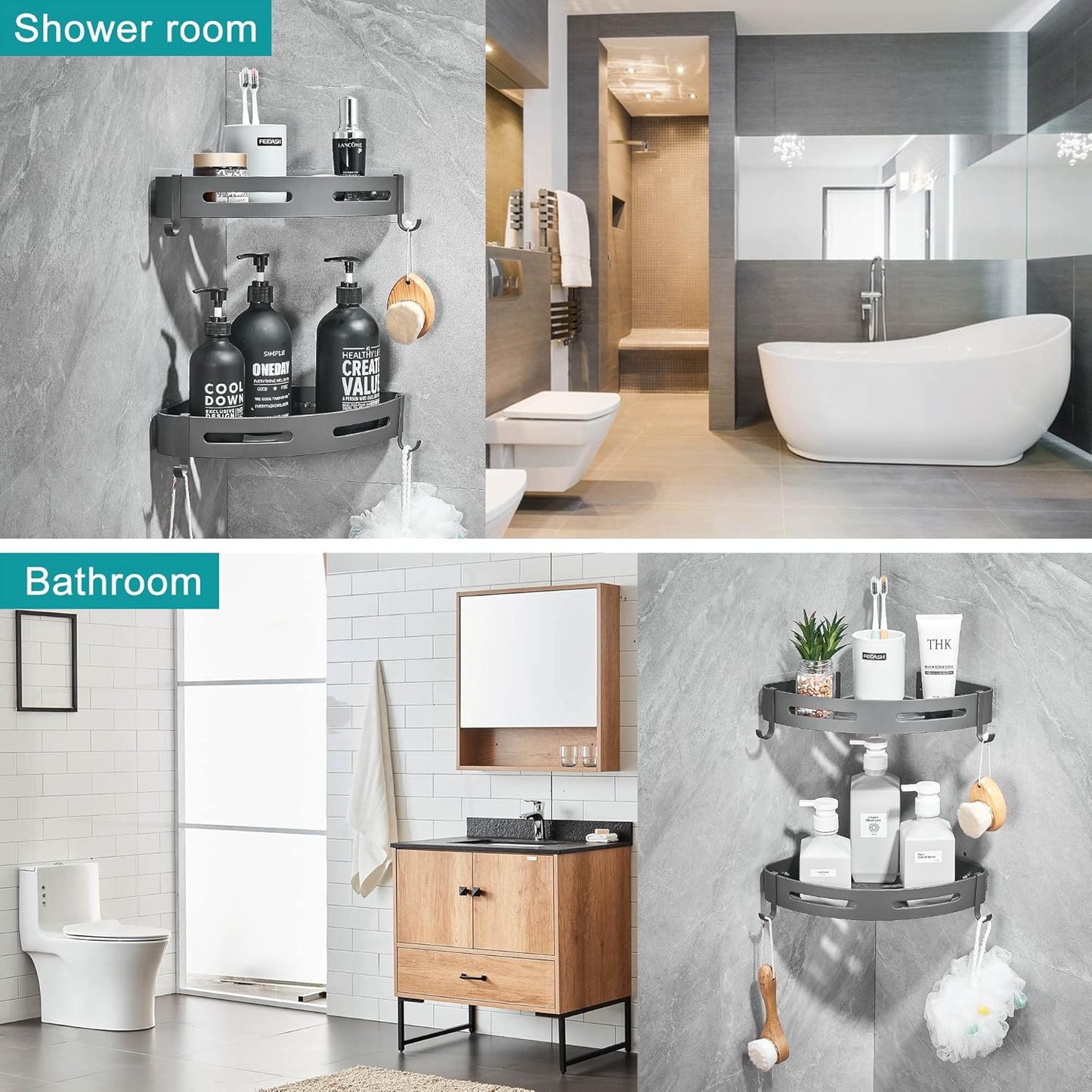Hoomtaook 2-Tier Corner Shower Shelf No Drilling Bathroom Shelves Shower Caddies Adhesive Bath Corner Shelf Wall Mounted Bathroom Shower Caddy Organizer - Dark Grey