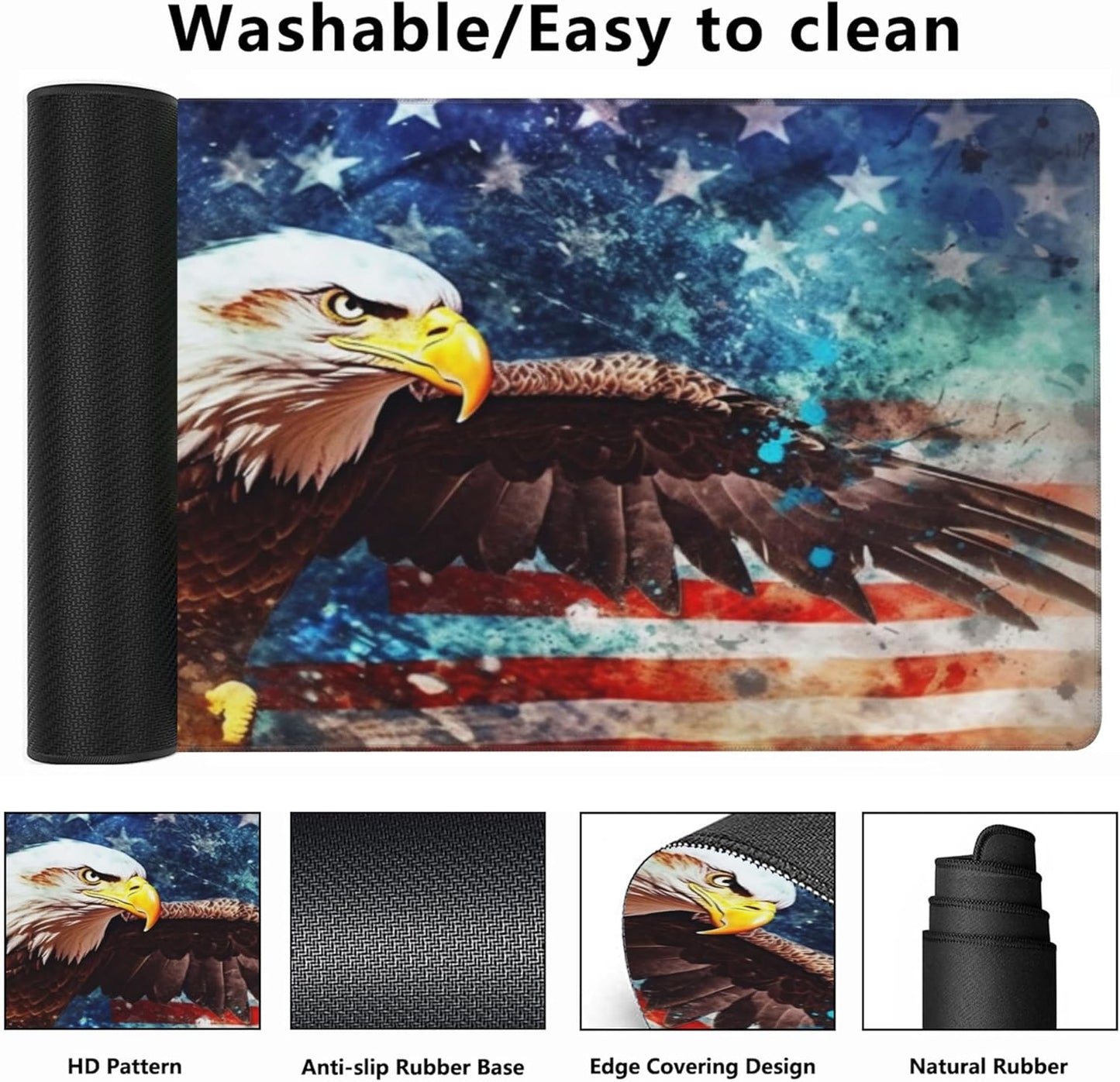 Gaming Mouse Mat Watercolor Bald Eagle Over American Flag Large Mouse Pad Extended Mouse Pad Desk Mat Non-Slip Rubber Base Mice Pad Desk Pad for Office Game Home 35.4x15.75 in